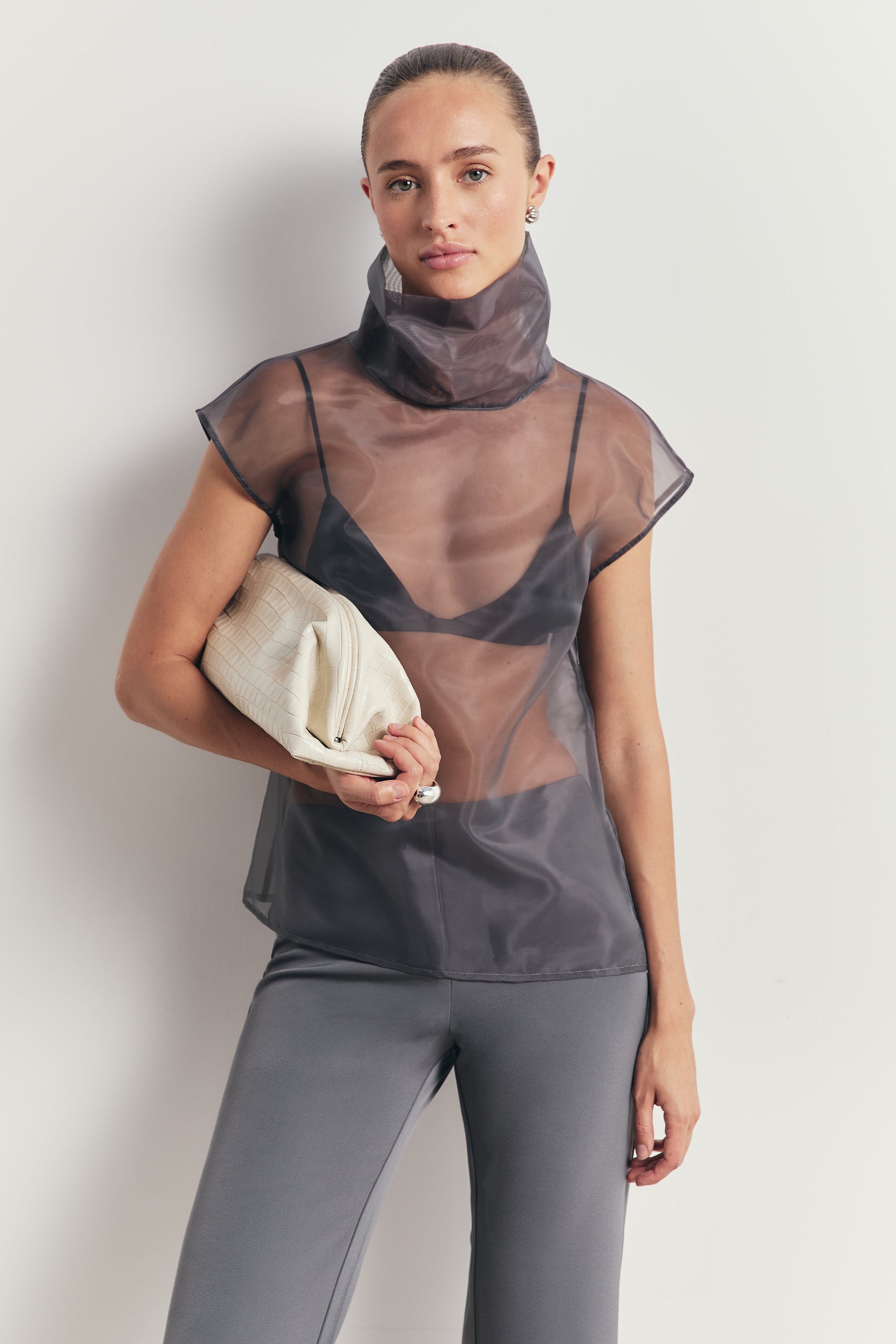 Sheer Organza Funnel Neck Blouse - Slate