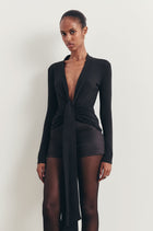 Longsleeve V Neck Tie Waist Top - Black