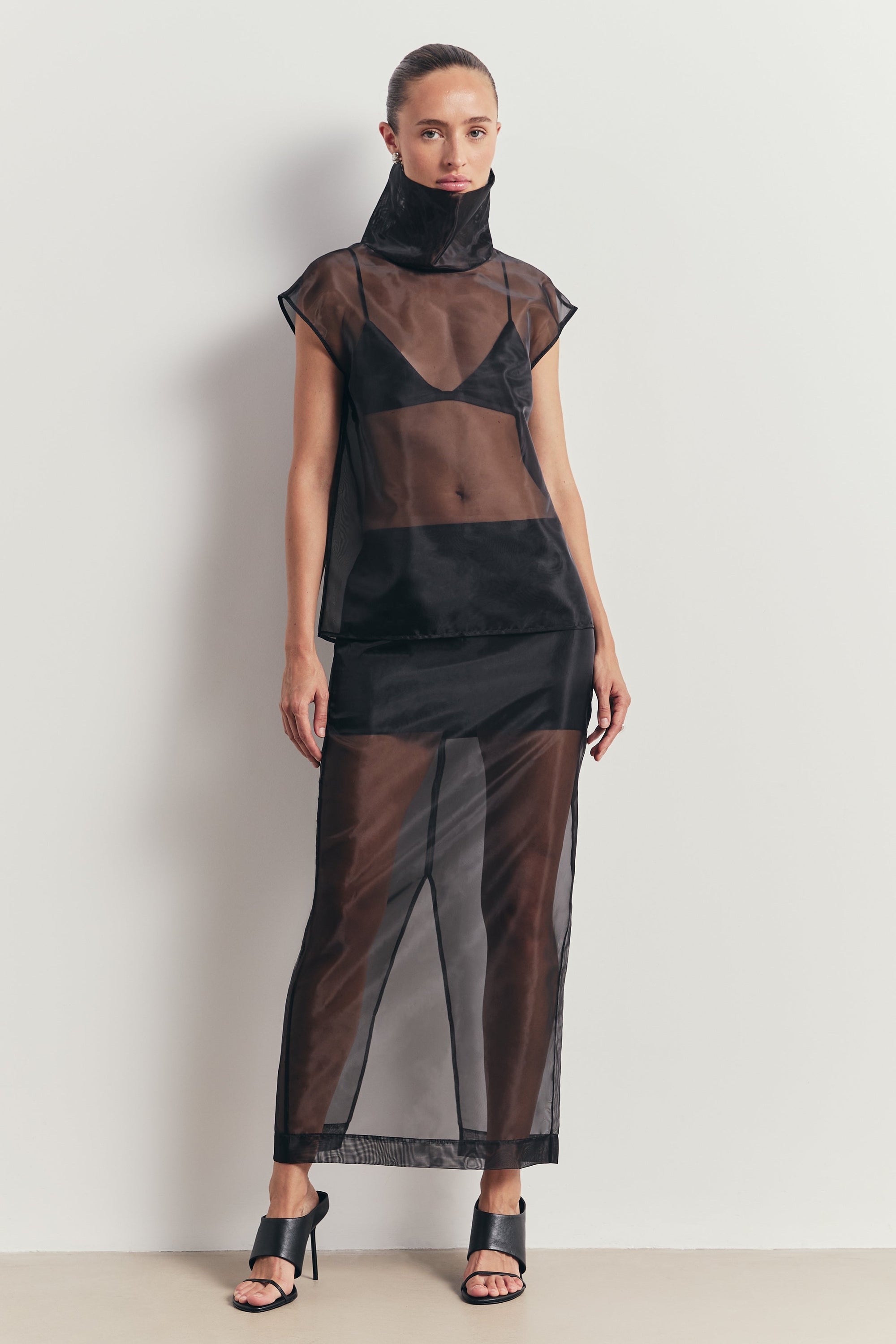 Sheer Organza Funnel Neck Blouse - Black