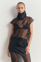Sheer Organza Funnel Neck Blouse - Black