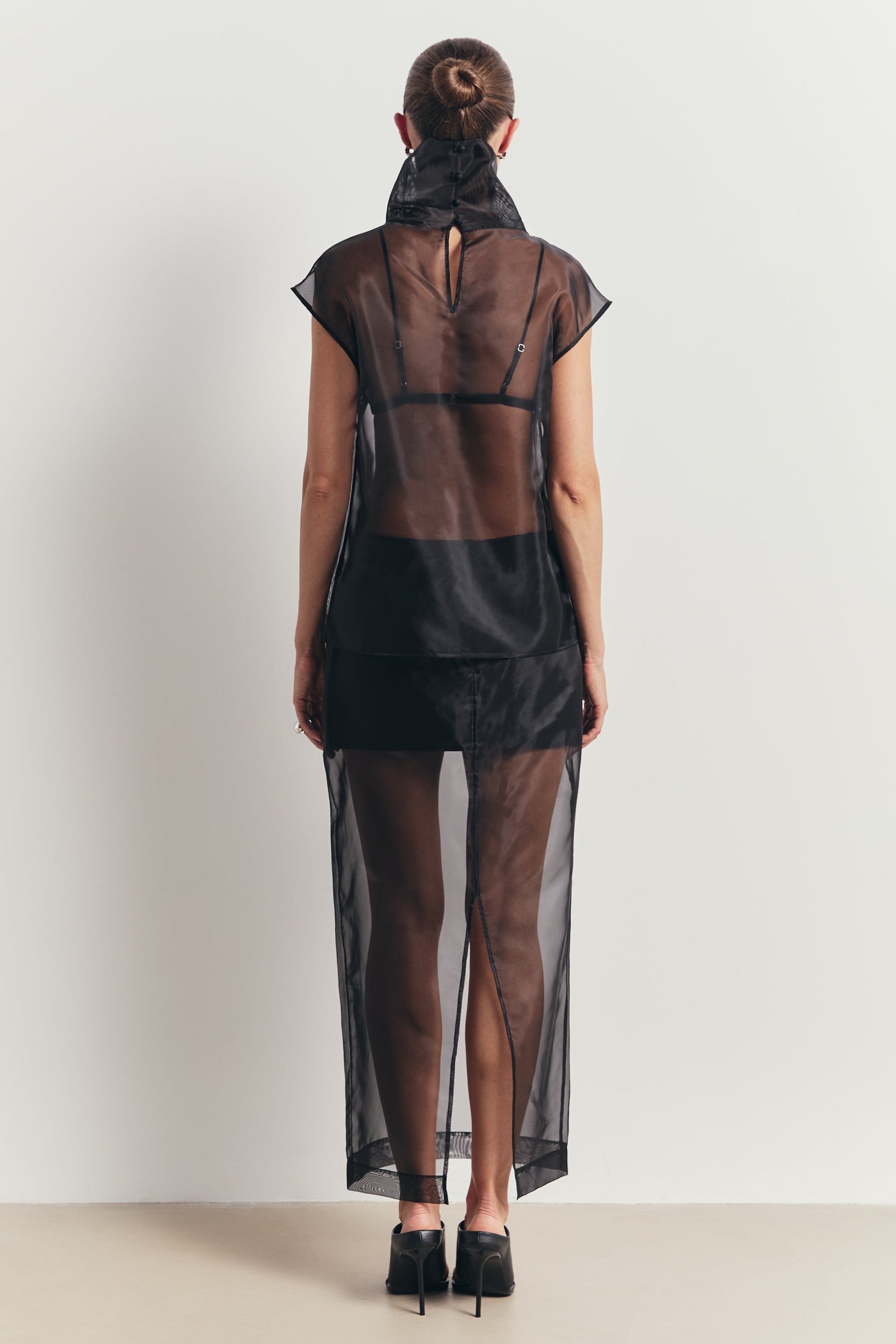 Sheer Organza Column Midi Skirt - Black