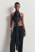 Backless Knot Detail Top with Fringing - Black