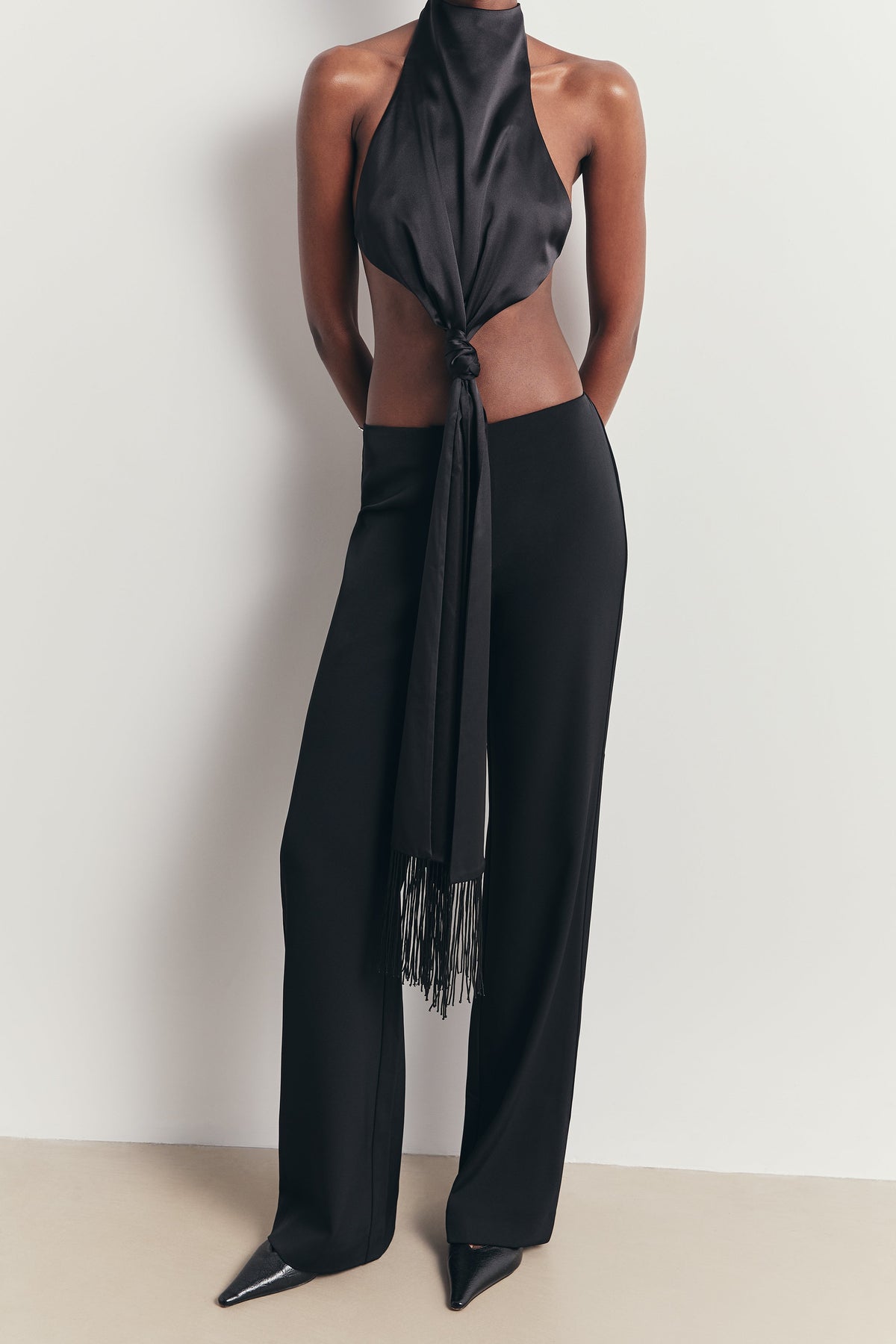 Backless Knot Detail Top with Fringing - Black