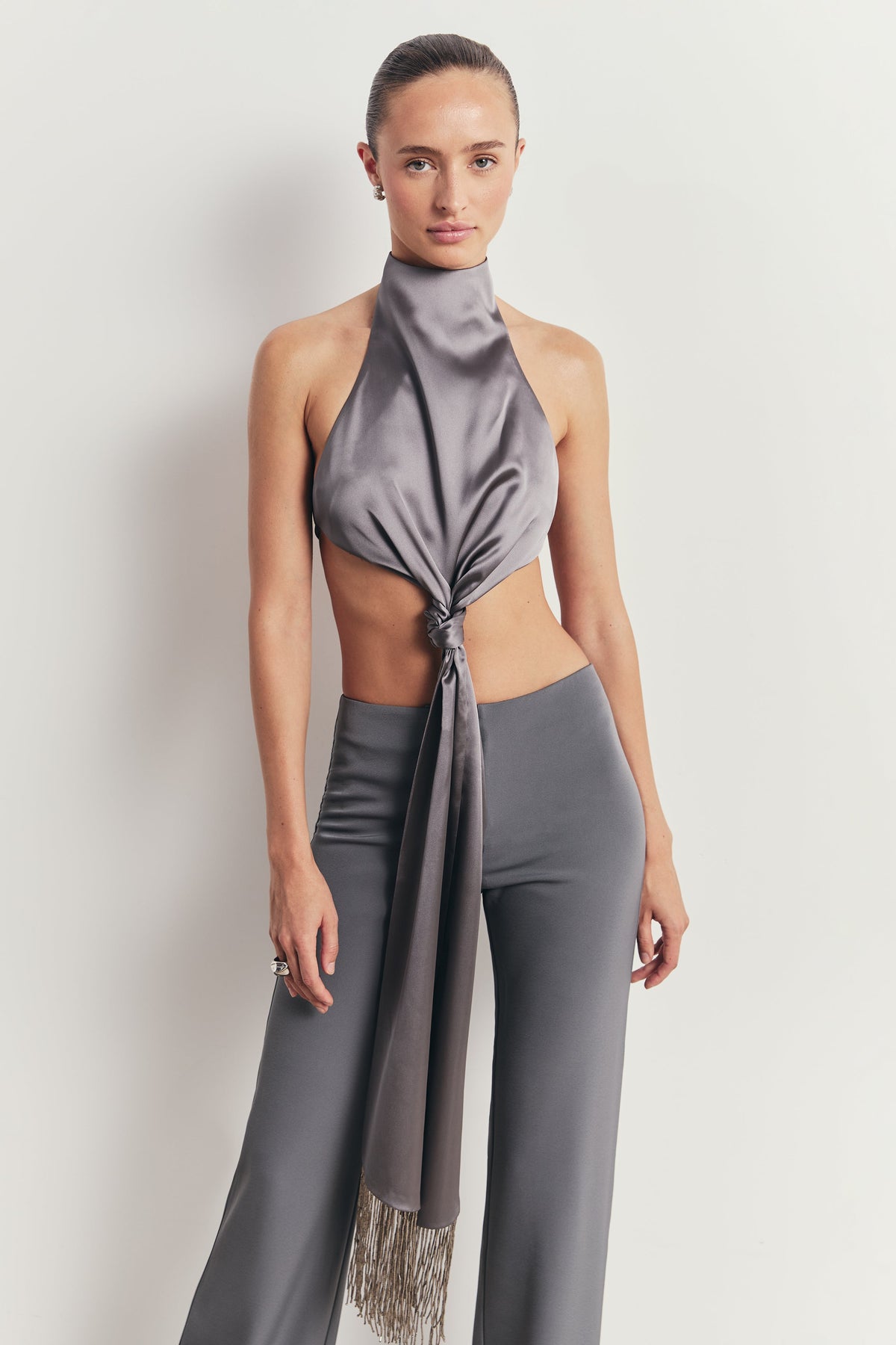 Backless Knot Detail Top with Fringing - Slate
