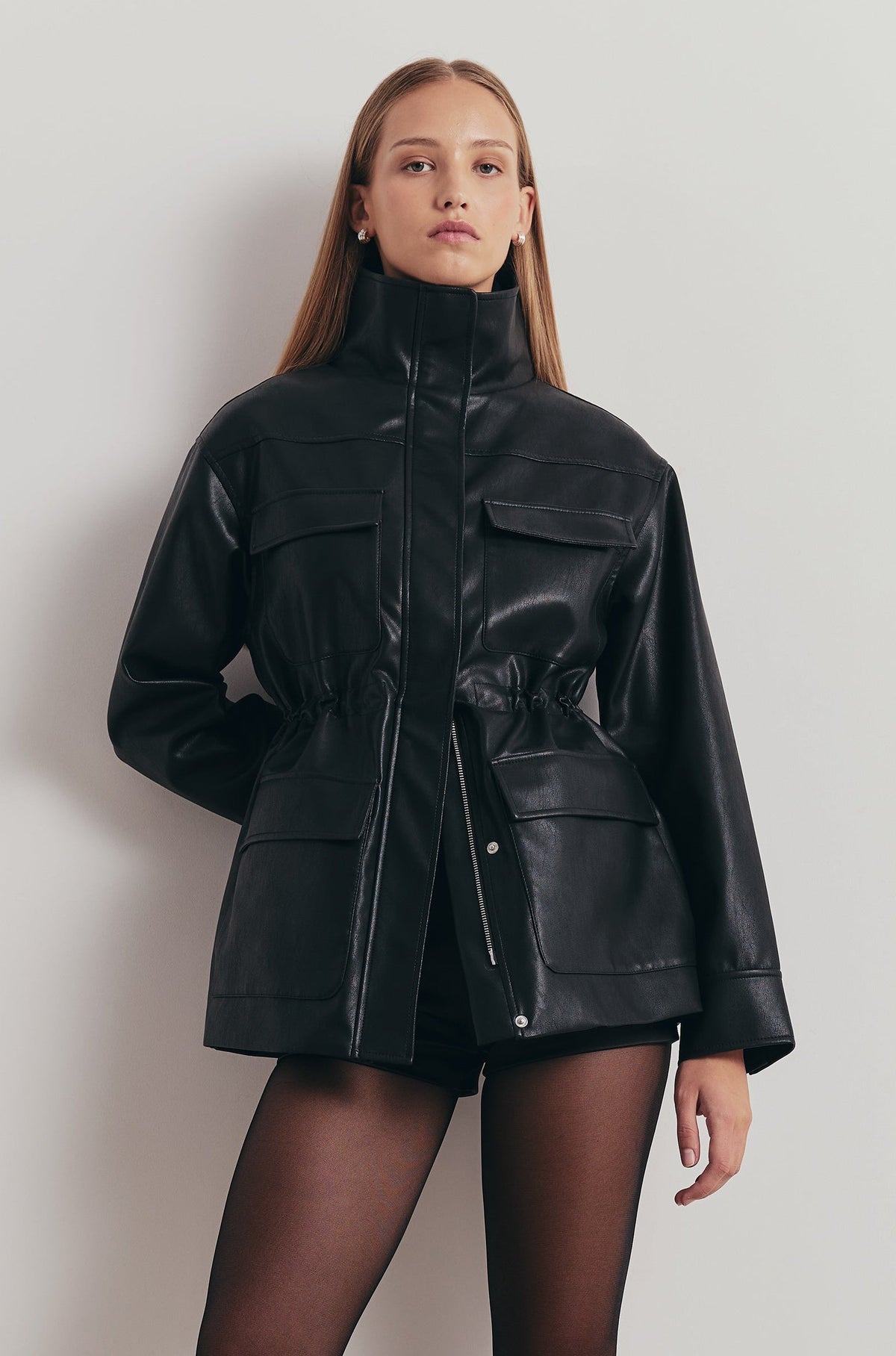 Leather Cargo Utility Jacket - Black