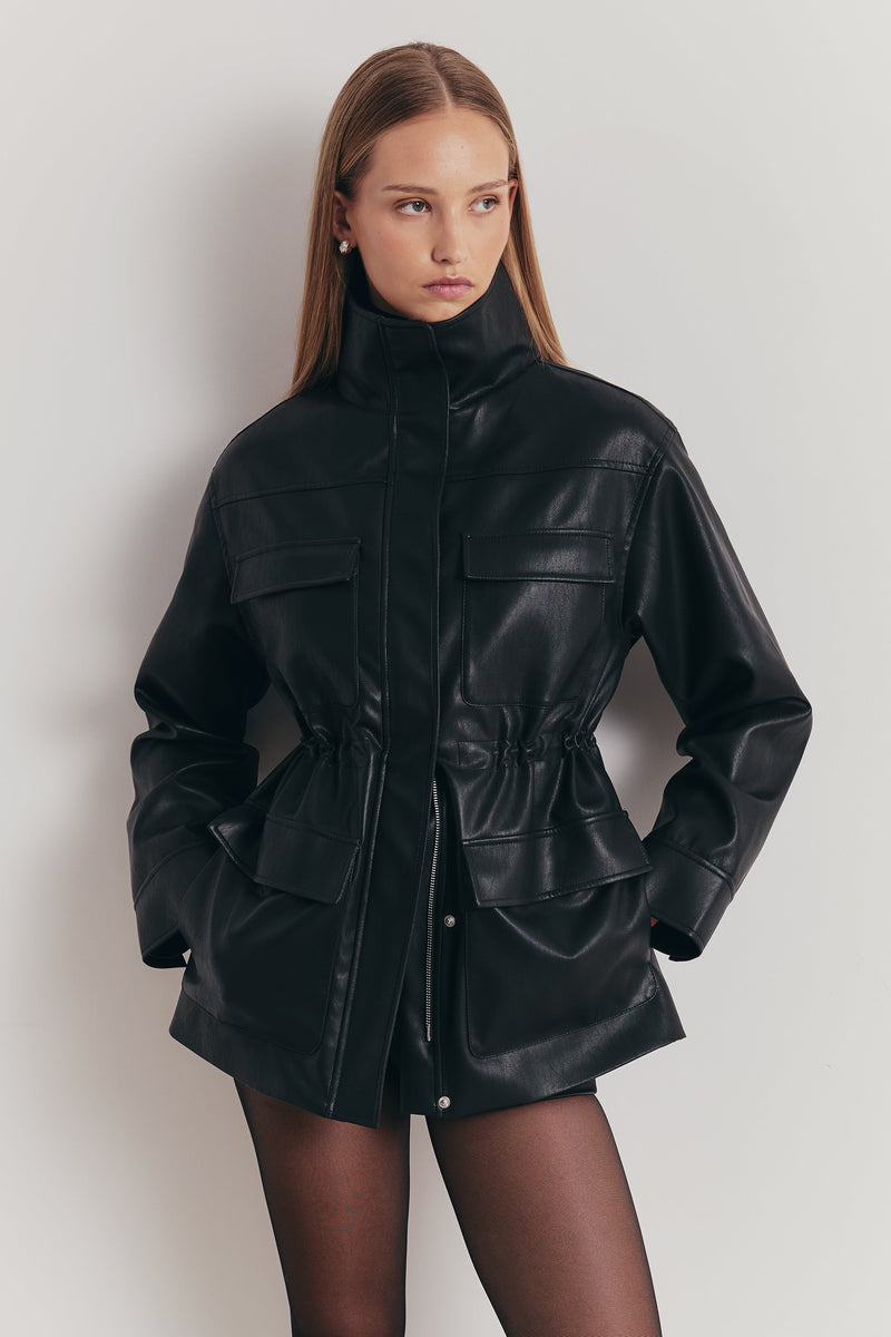 Leather Cargo Utility Jacket - Black