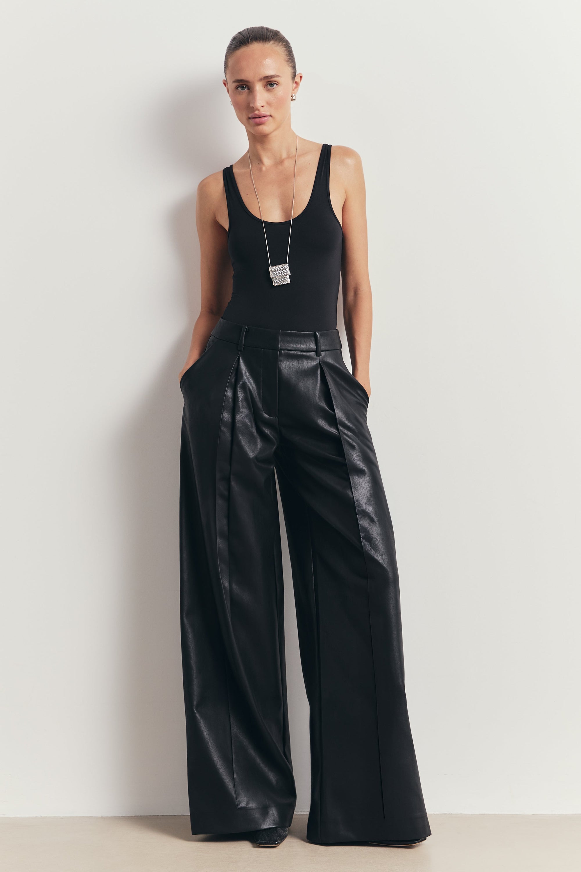Leather Box Pleat Wide Leg Trousers - Black