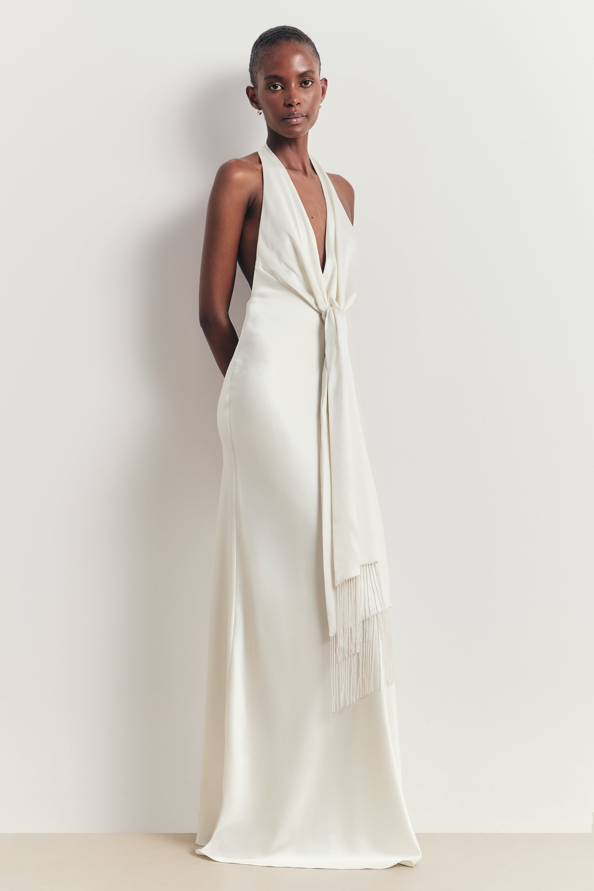 Plunging Knot Detail Gown with Fringing - Ivory