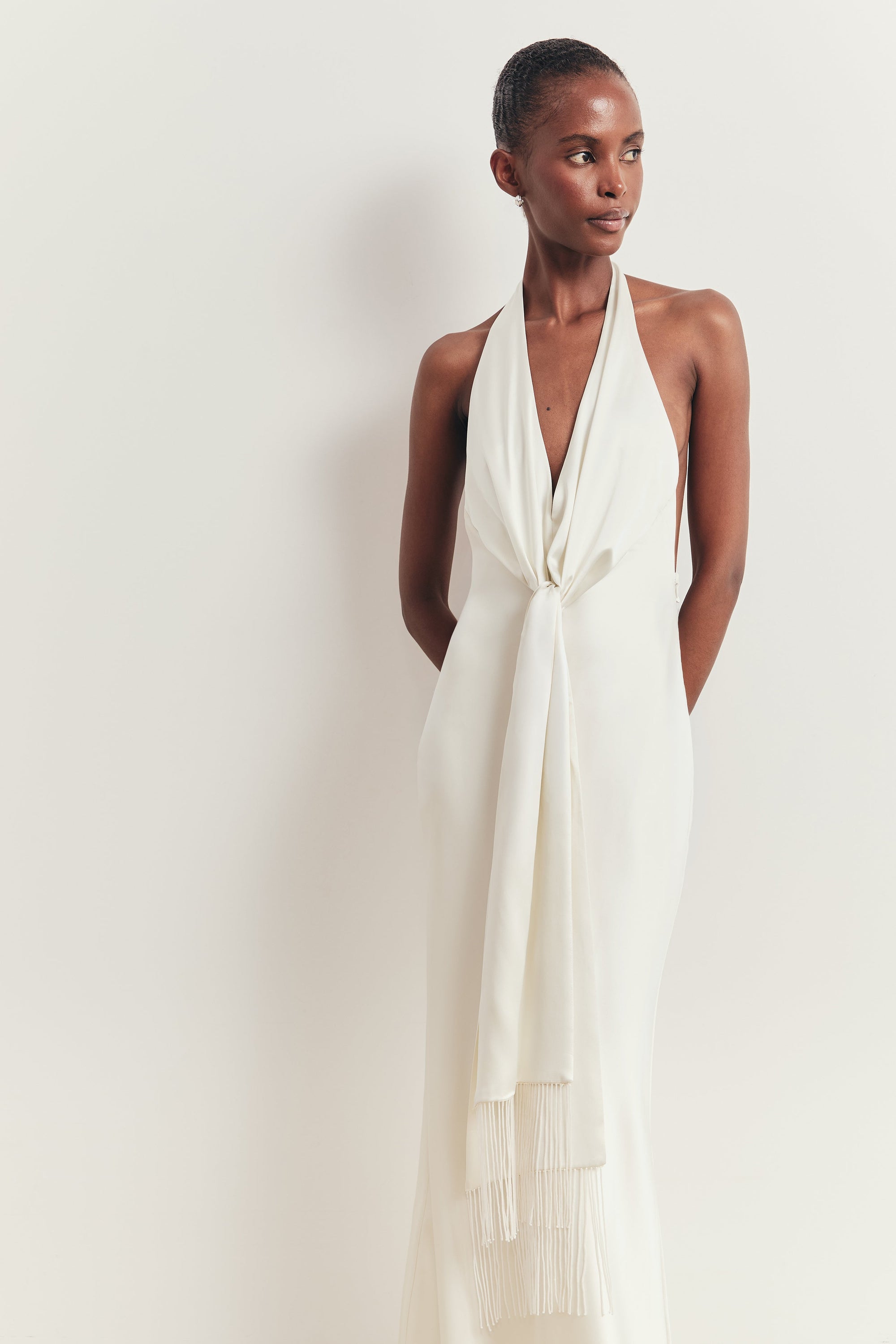 Plunging Knot Detail Gown with Fringing - Ivory