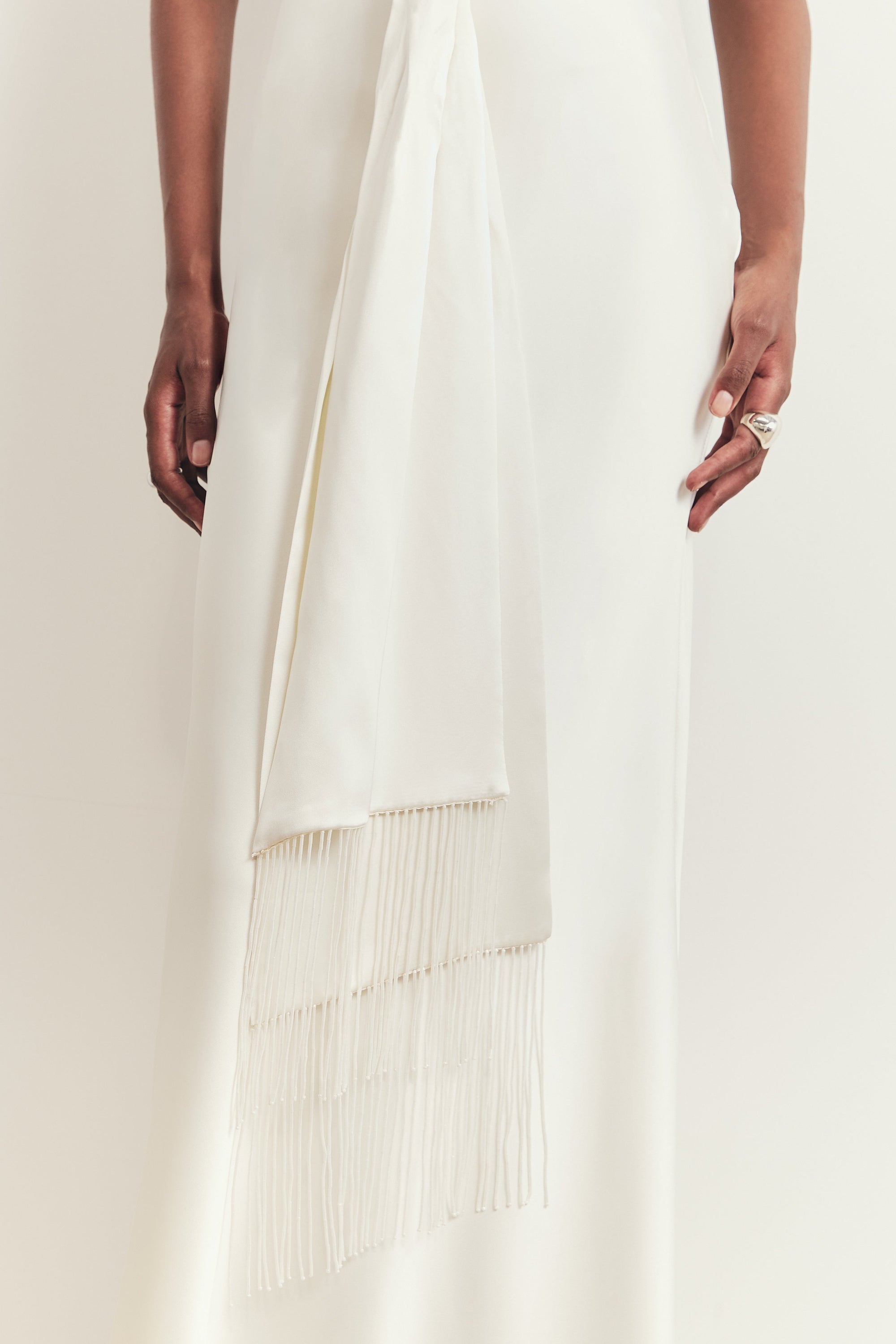 Plunging Knot Detail Gown with Fringing - Ivory