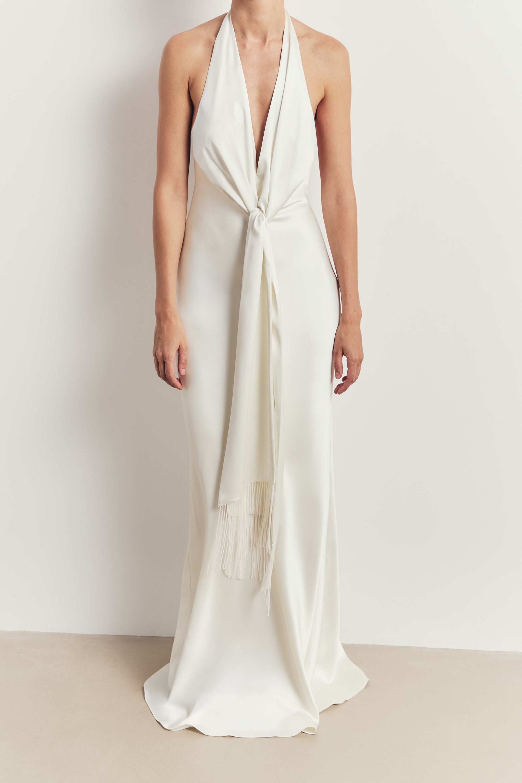 Plunging Knot Detail Gown with Fringing - Ivory