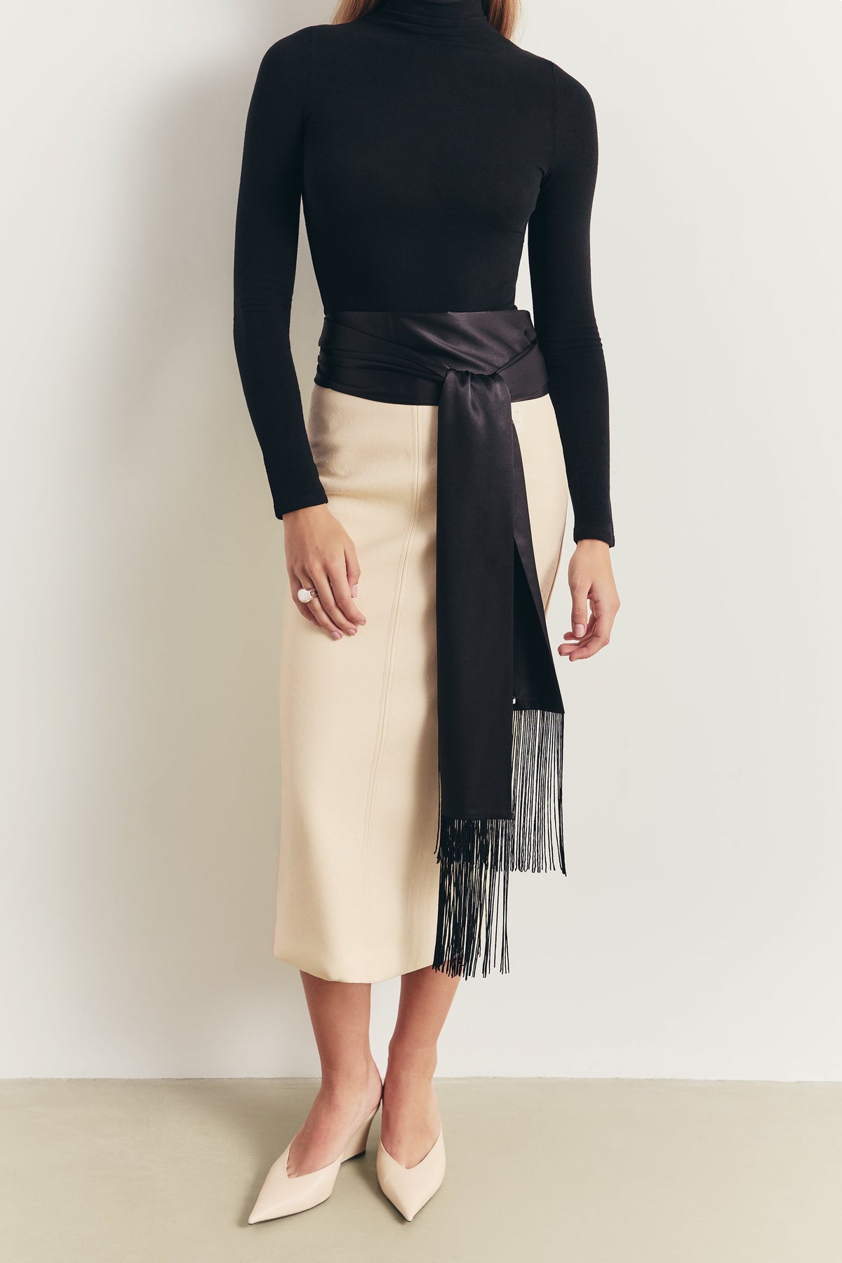 Satin Scarf with Fringing - Black