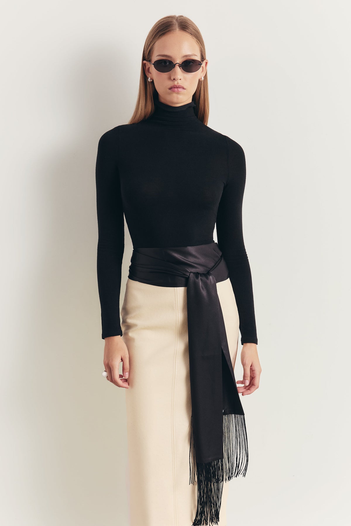 Satin Scarf with Fringing - Black