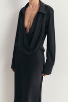 Soft Draped Plunge Front Shirt - Black
