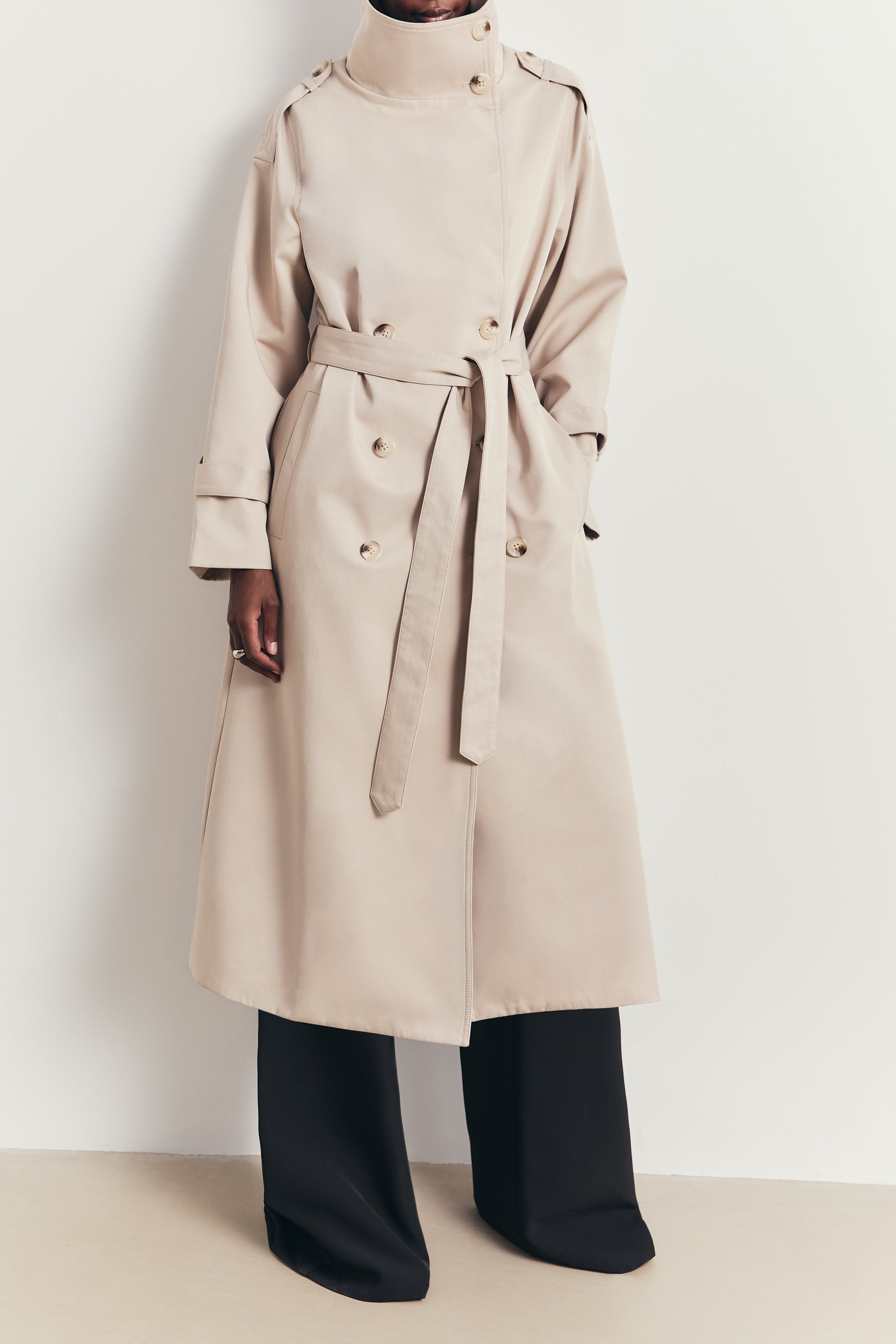 Vintage Funnel Neck Trench Coat - Stone