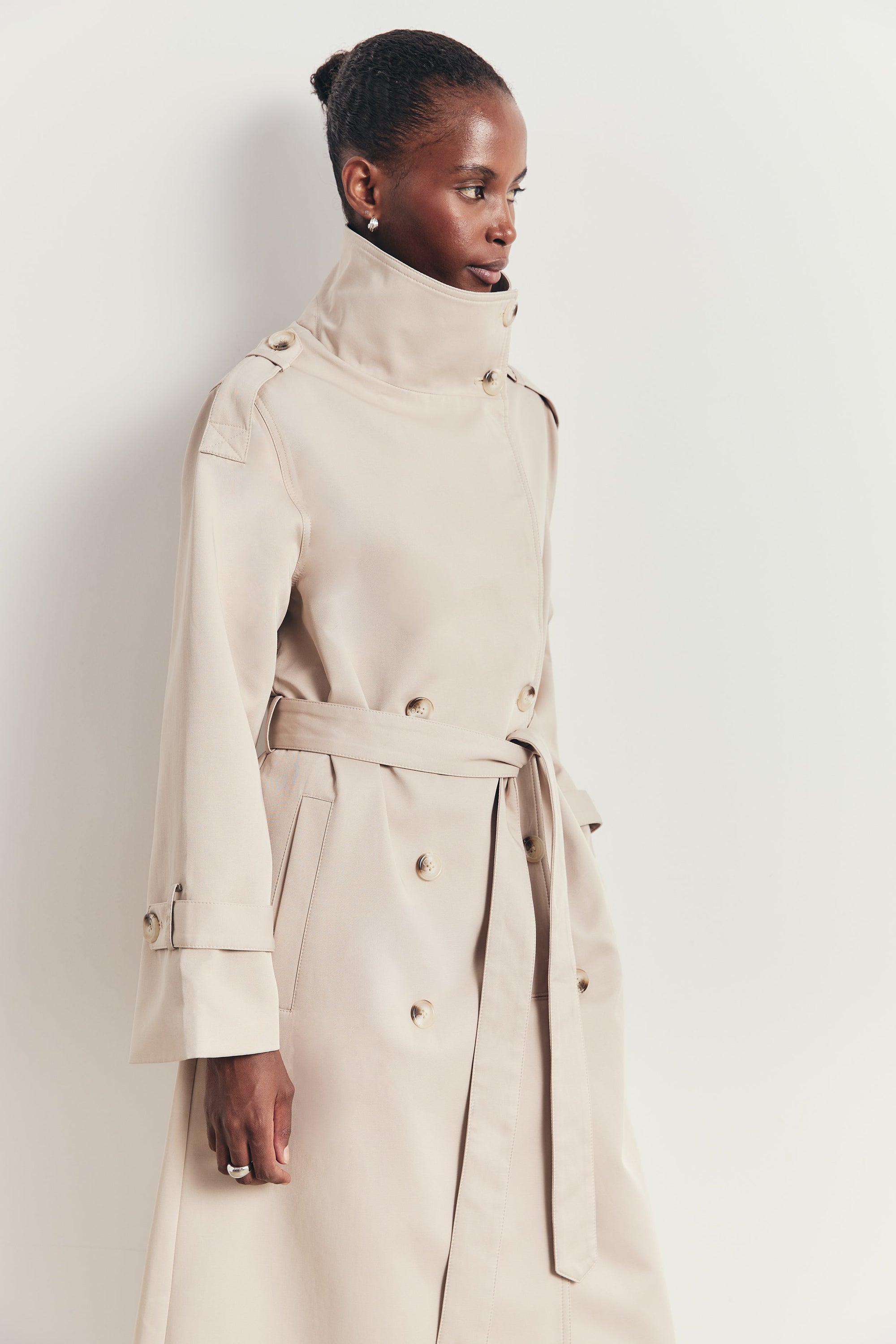 Vintage Funnel Neck Trench Coat - Stone