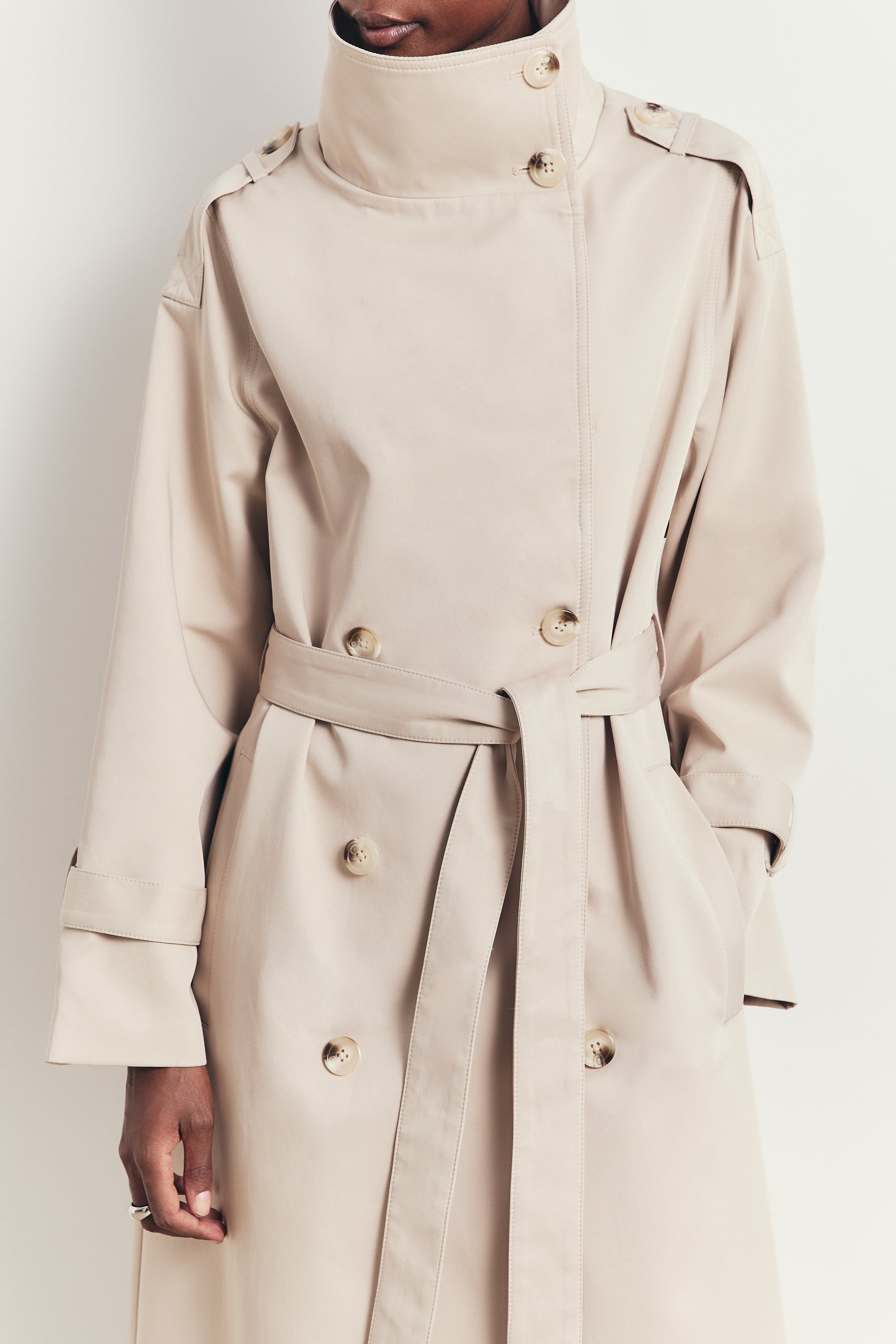 Vintage Funnel Neck Trench Coat - Stone