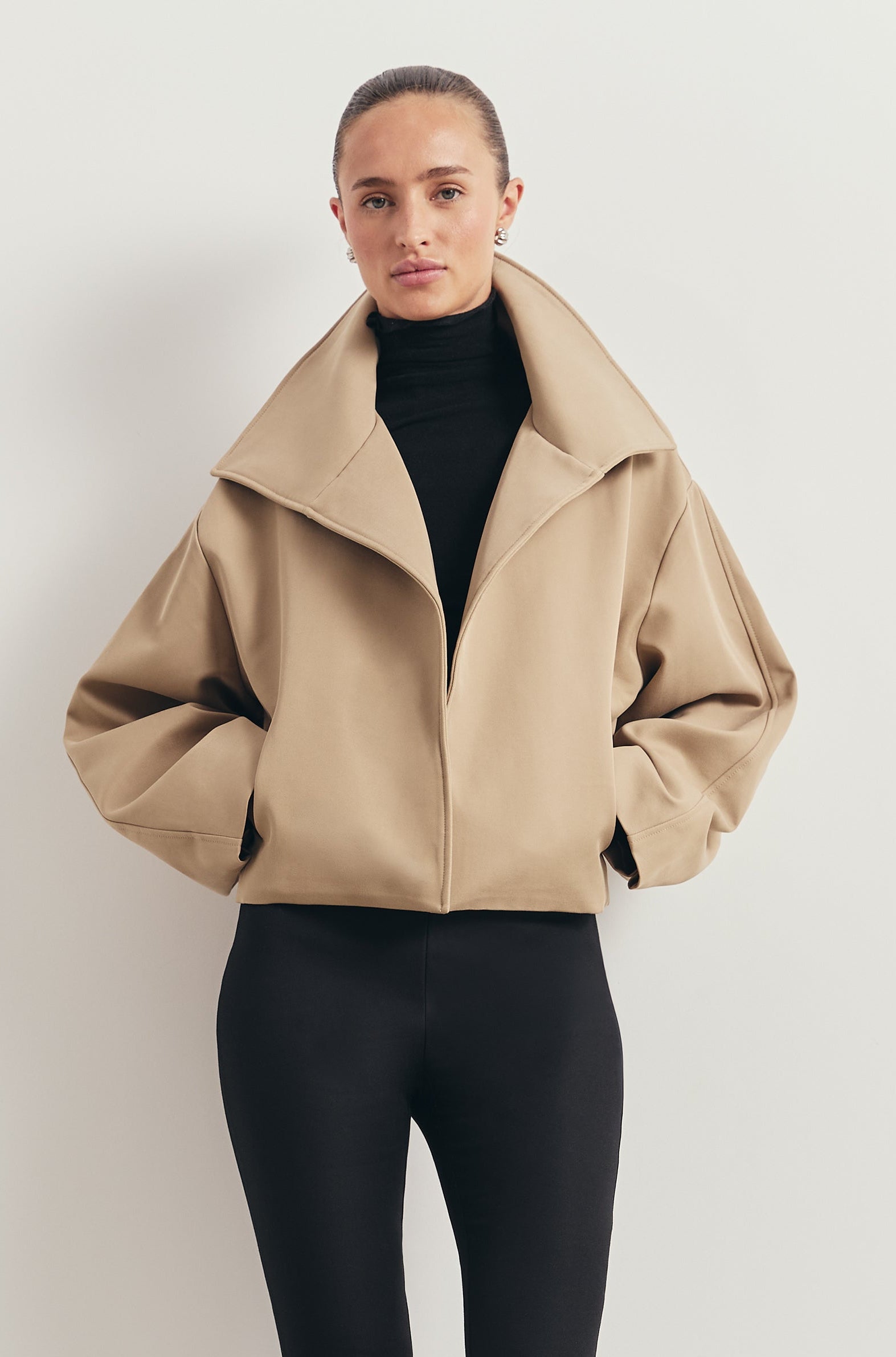 Cropped Funnel Neck Open Jacket - Tan