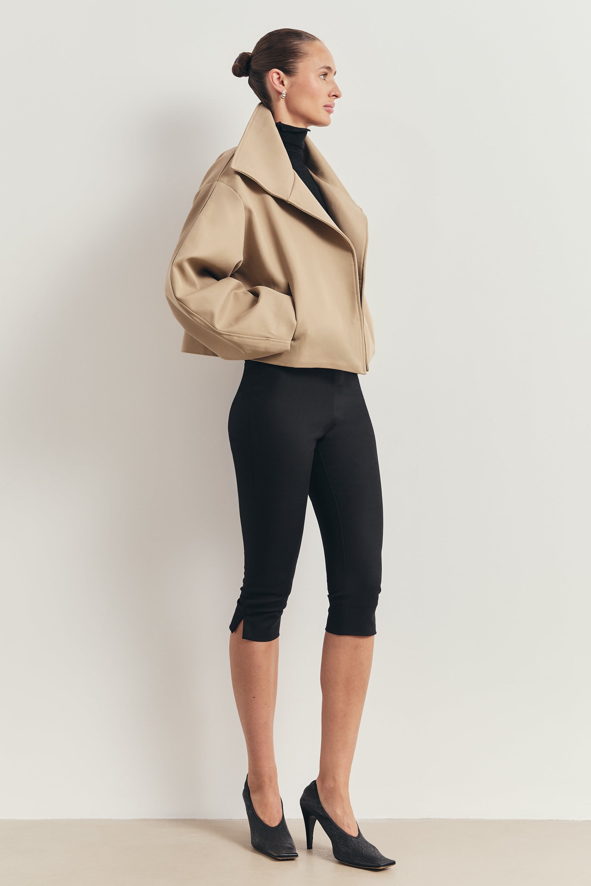 Cropped Funnel Neck Open Jacket - Tan