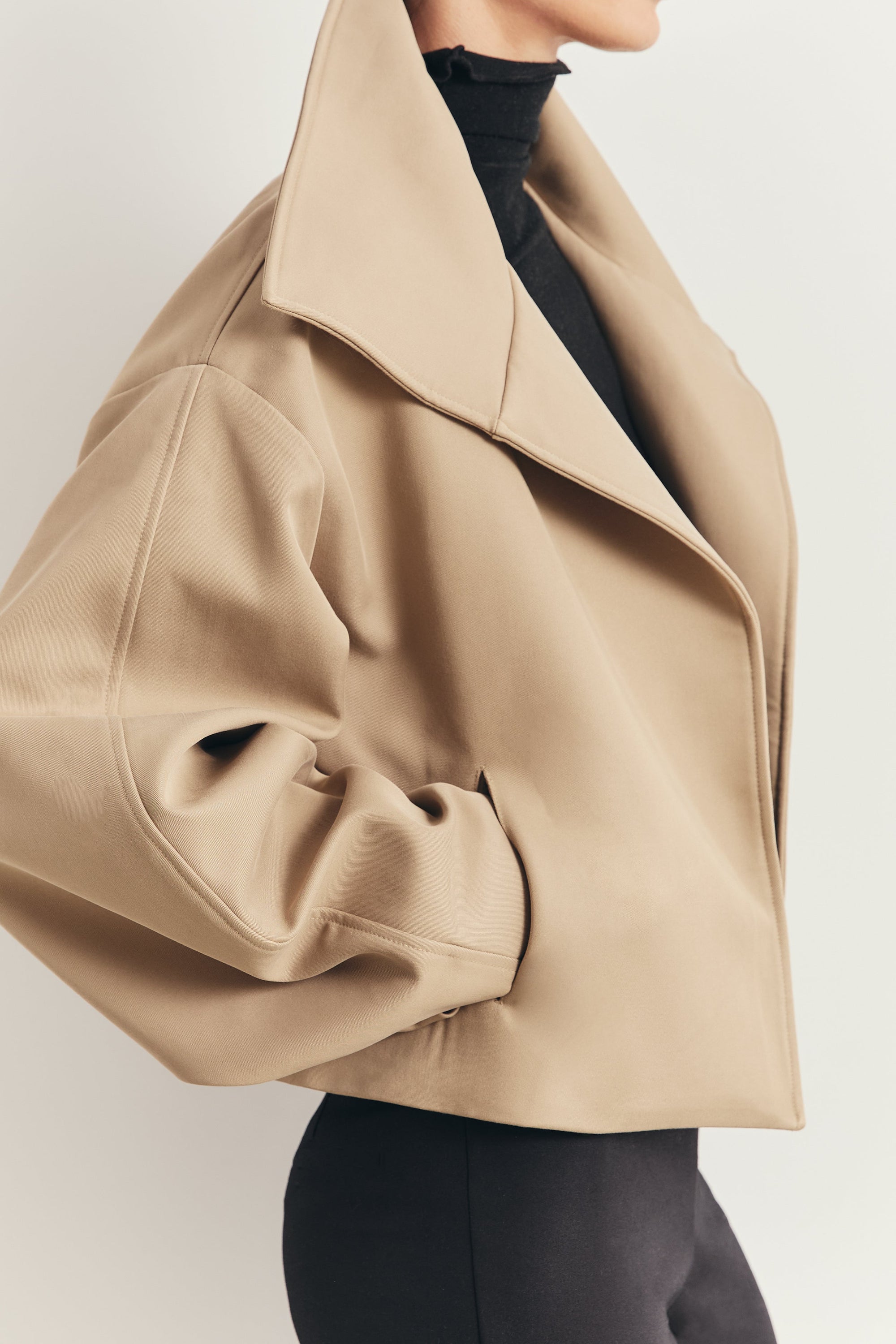 Cropped Funnel Neck Open Jacket - Tan