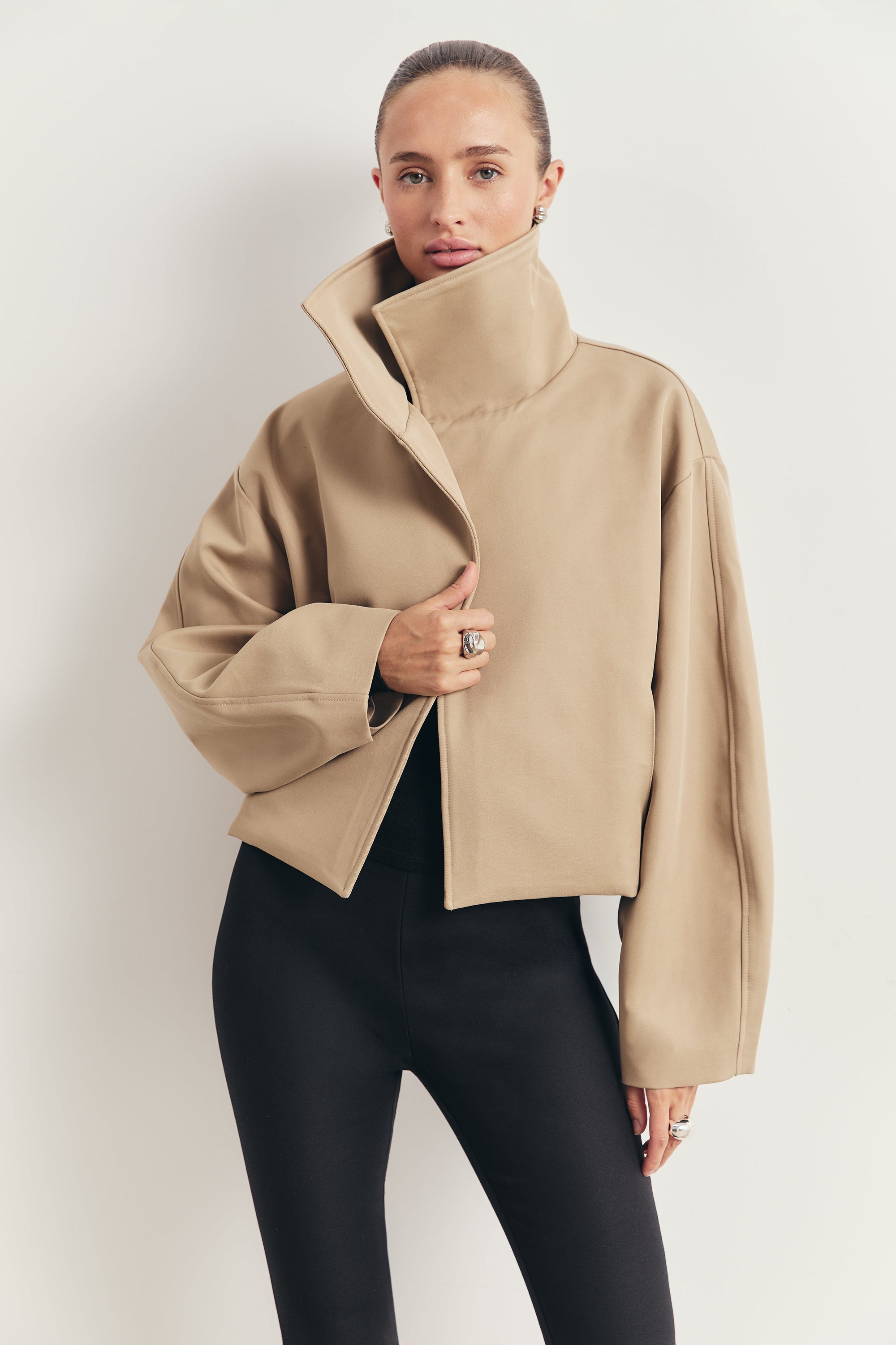 Cropped Funnel Neck Open Jacket - Tan