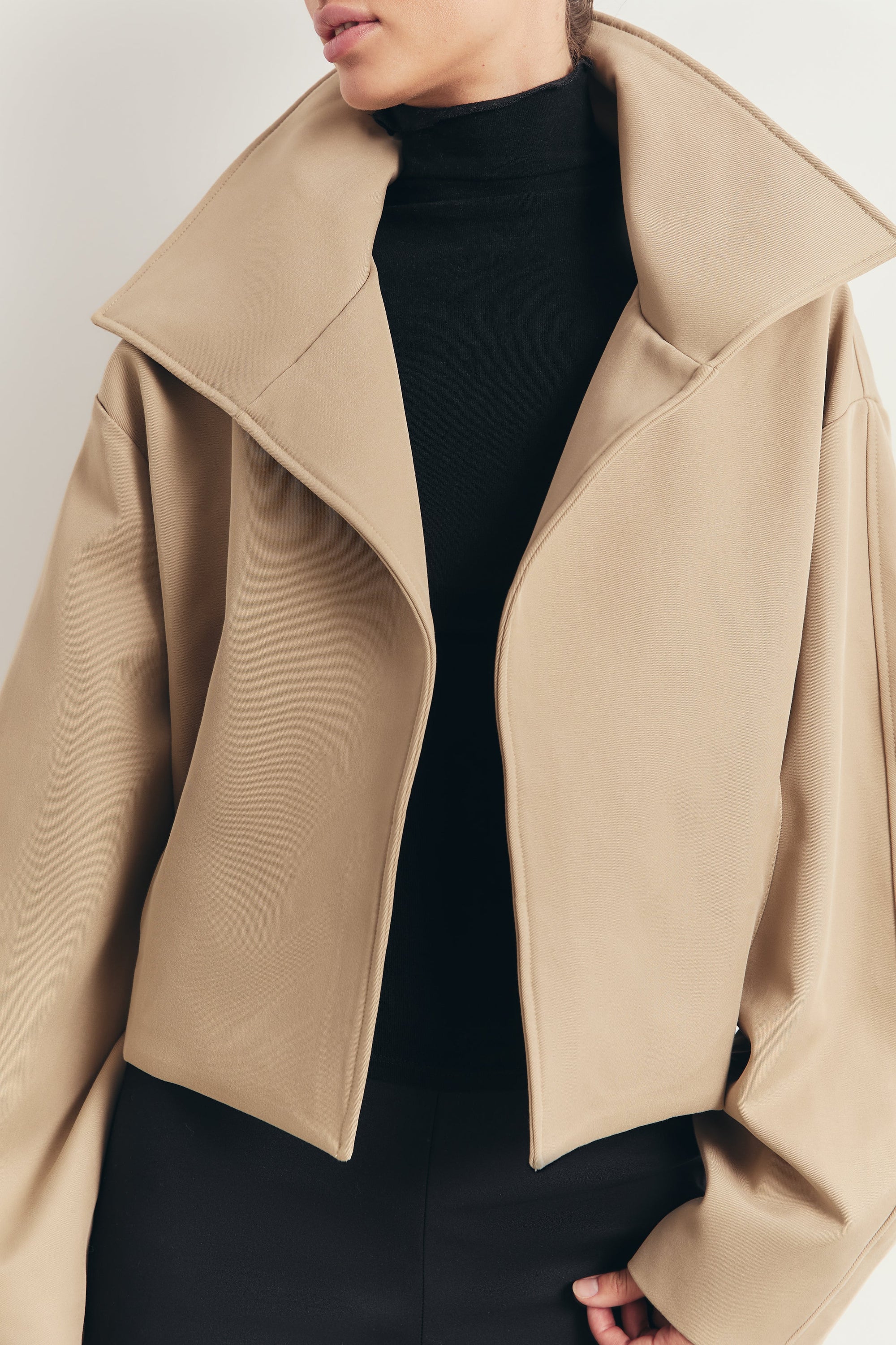 Cropped Funnel Neck Open Jacket - Tan