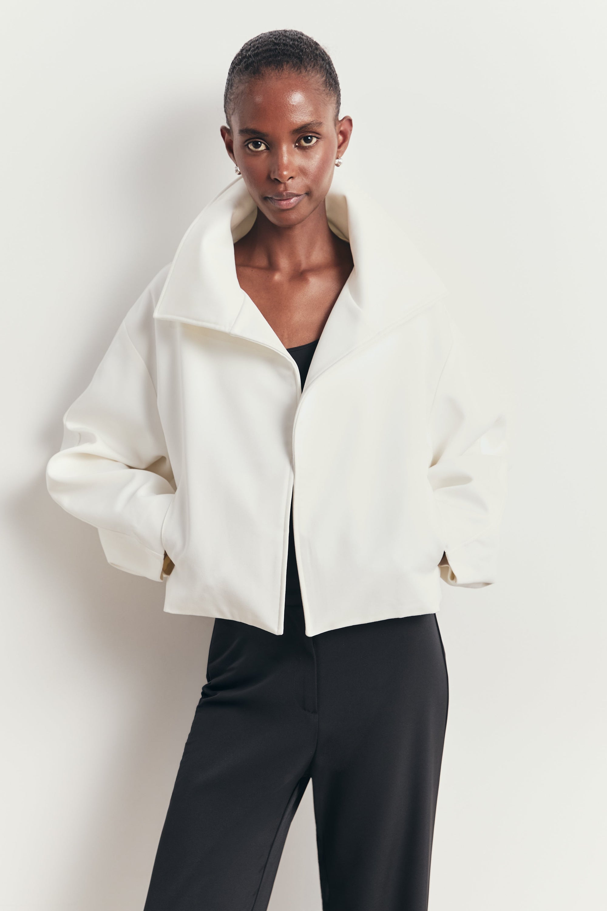 Cropped Funnel Neck Open Jacket - White