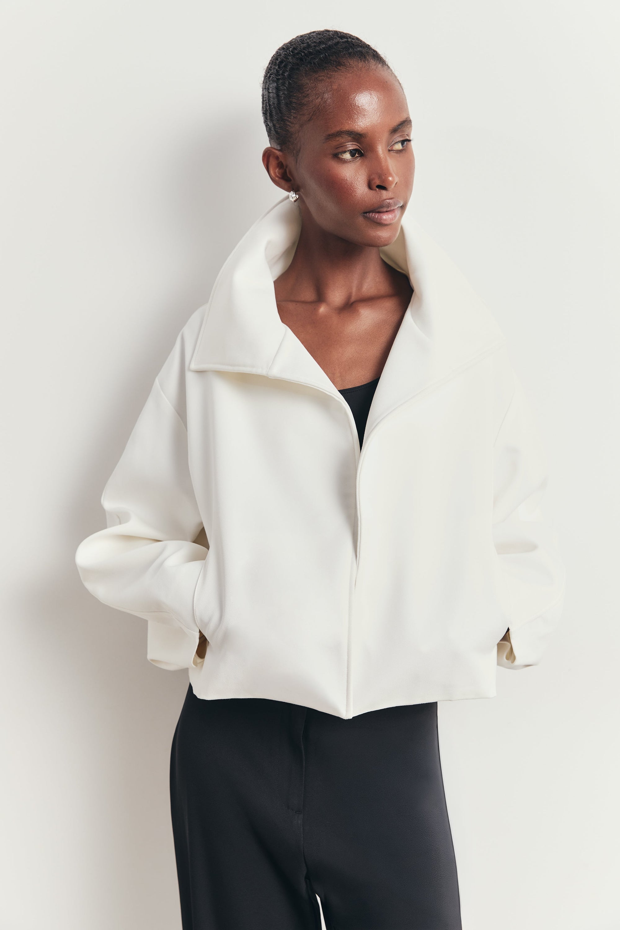 Cropped Funnel Neck Open Jacket - White