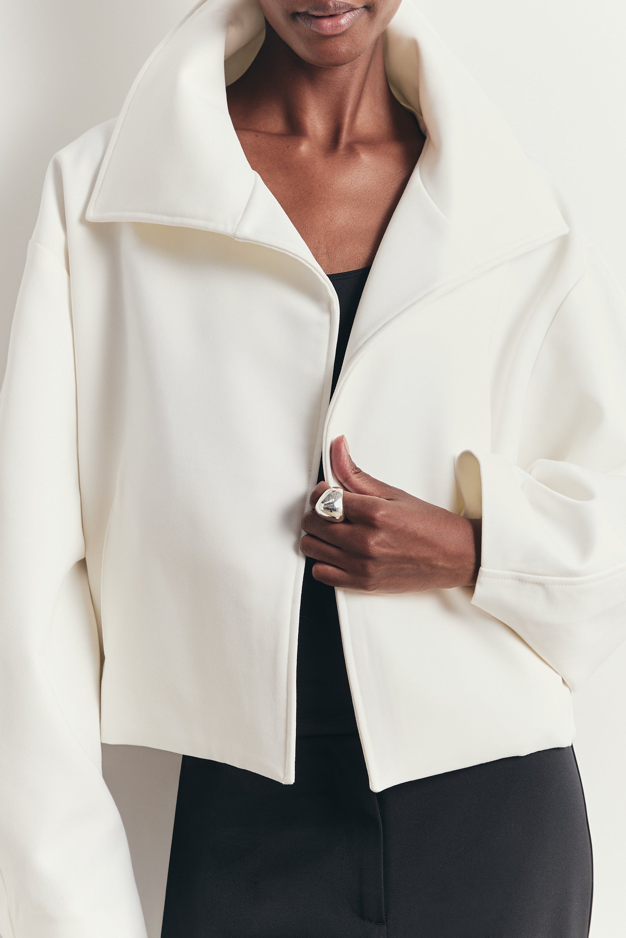 Cropped Funnel Neck Open Jacket - White
