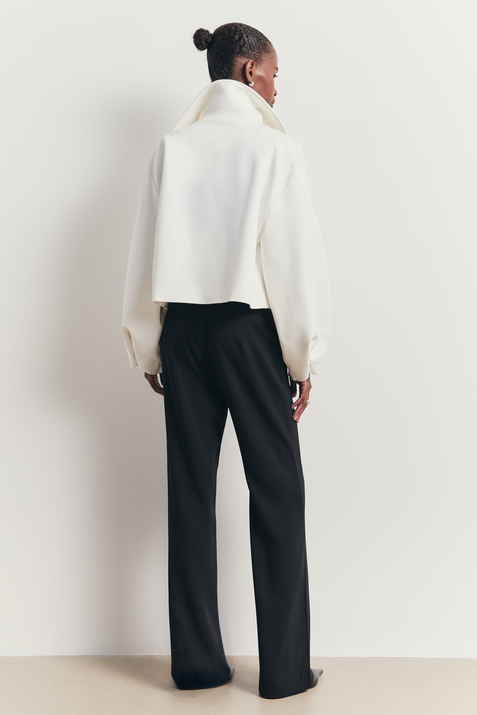 Cropped Funnel Neck Open Jacket - White