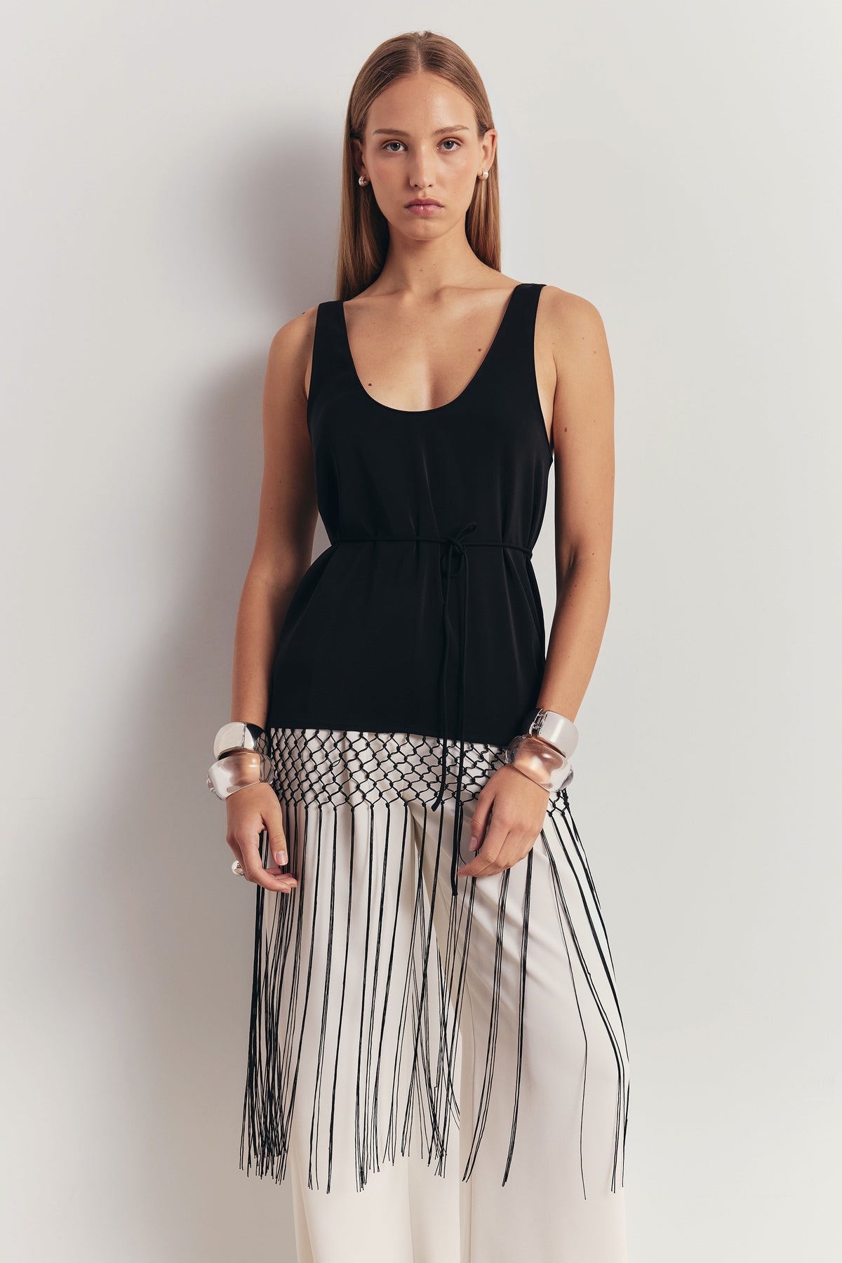 Fringe Trim Scoop Neck Longline Top - Black