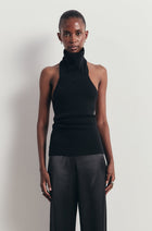 Relaxed Ribbed High Neck Halter Top - Black