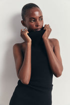 Relaxed Ribbed High Neck Halter Top - Black
