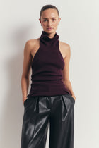 Relaxed Ribbed High Neck Halter Top - Mulberry