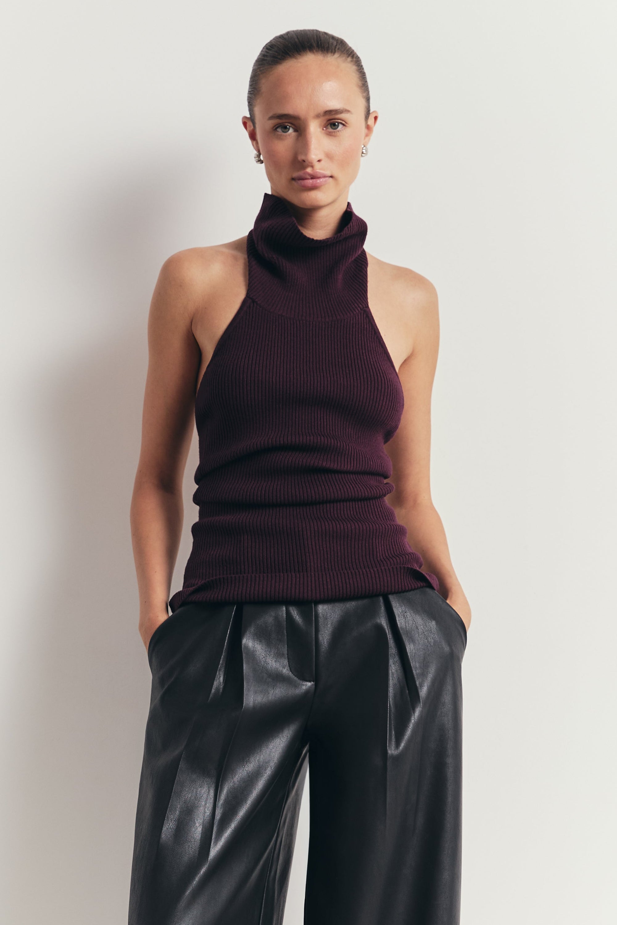 Relaxed Ribbed High Neck Halter Top - Mulberry