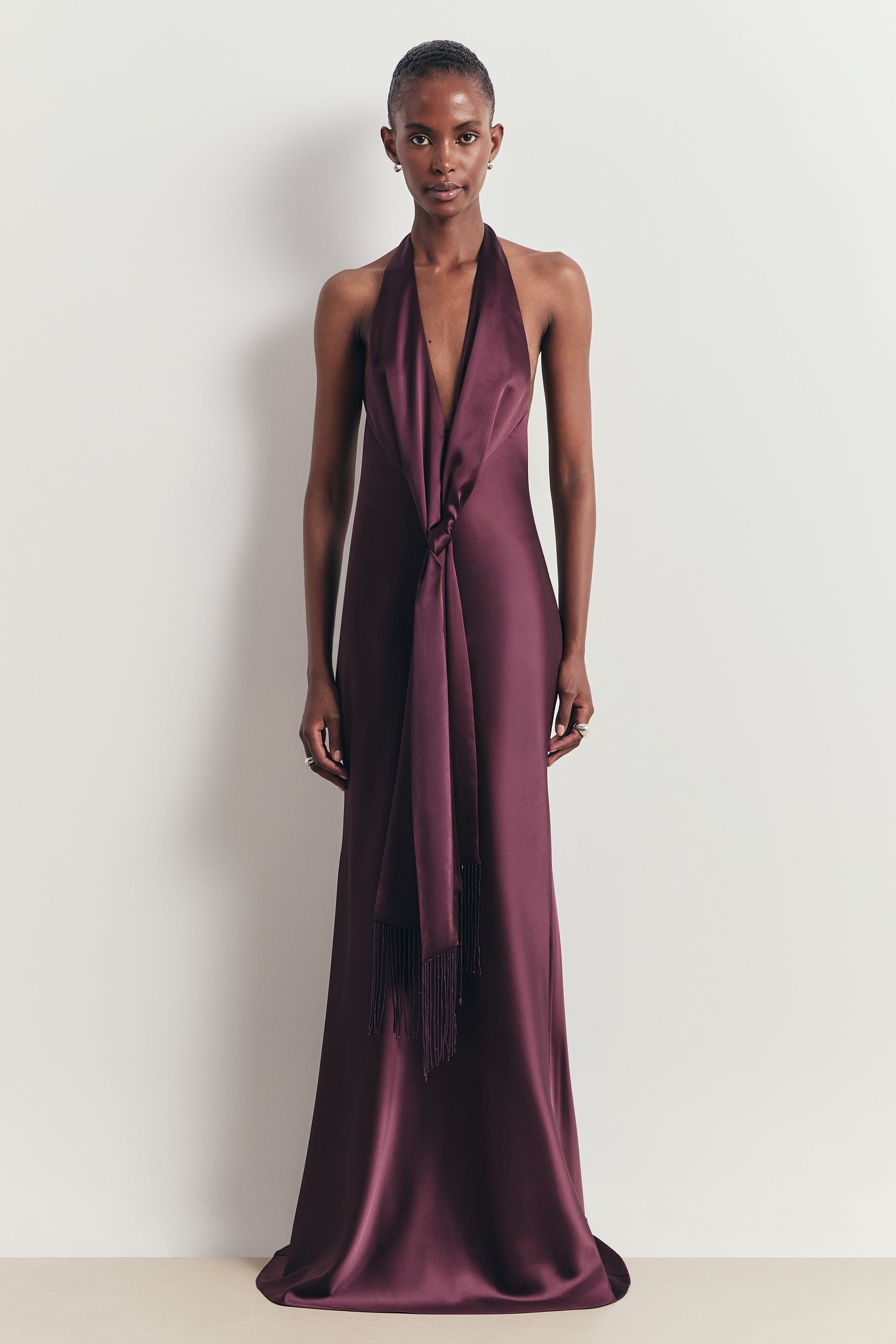 Plunging Knot Detail Gown with Fringing - Mulberry