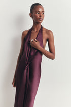 Plunging Knot Detail Gown with Fringing - Mulberry