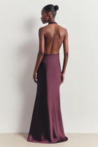 Plunging Knot Detail Gown with Fringing - Mulberry
