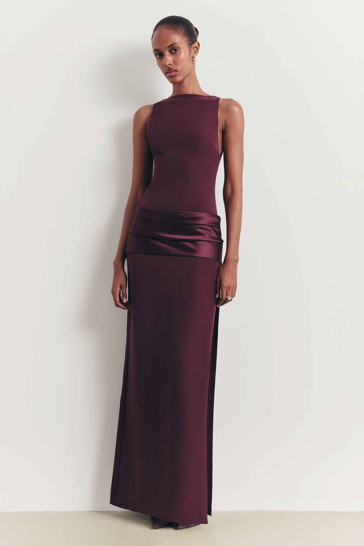 Dropped Waist Satin Panel Gown - Oxblood