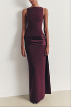 Dropped Waist Satin Panel Gown - Oxblood