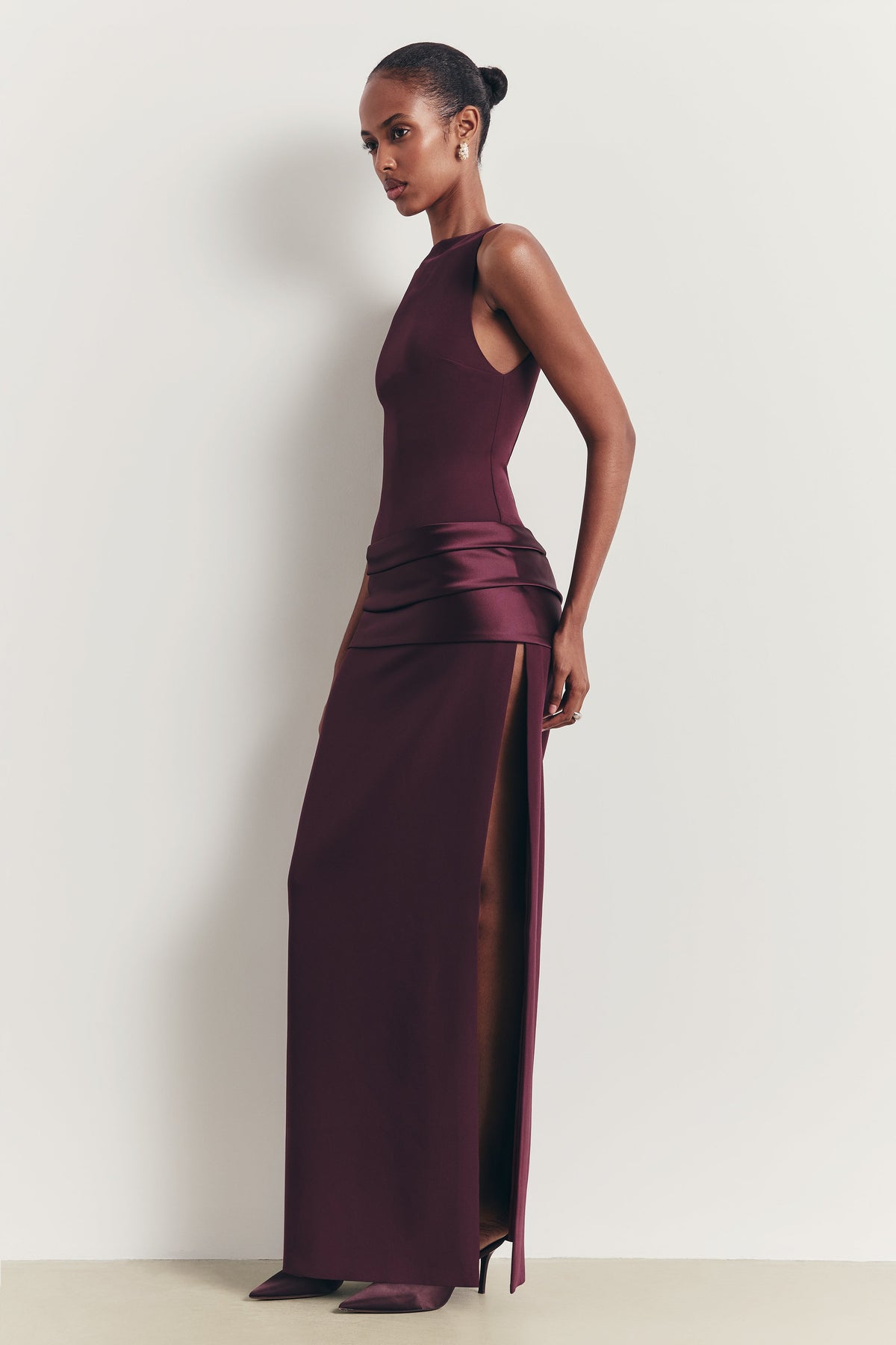Dropped Waist Satin Panel Gown - Oxblood