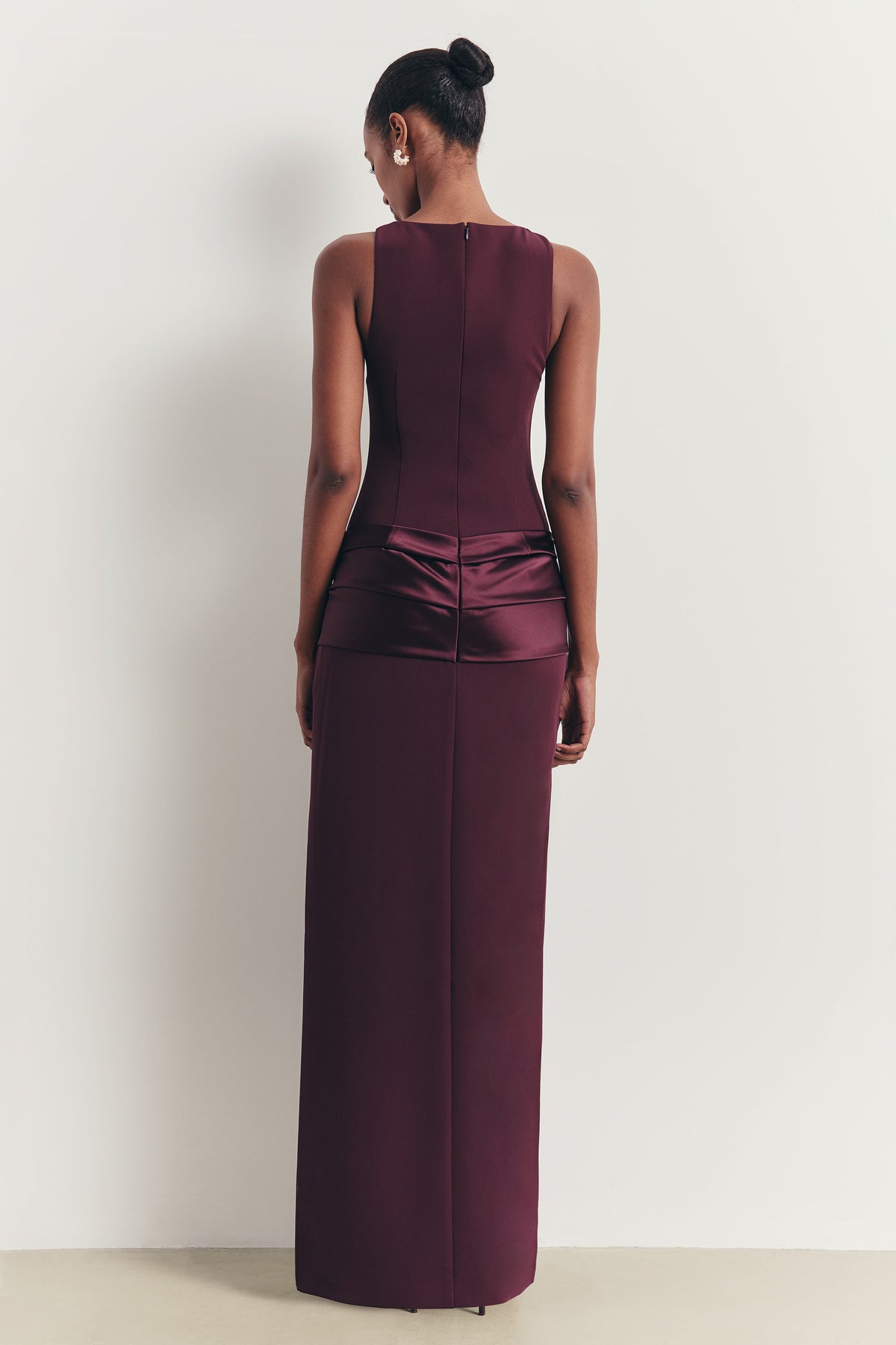 Dropped Waist Satin Panel Gown - Oxblood