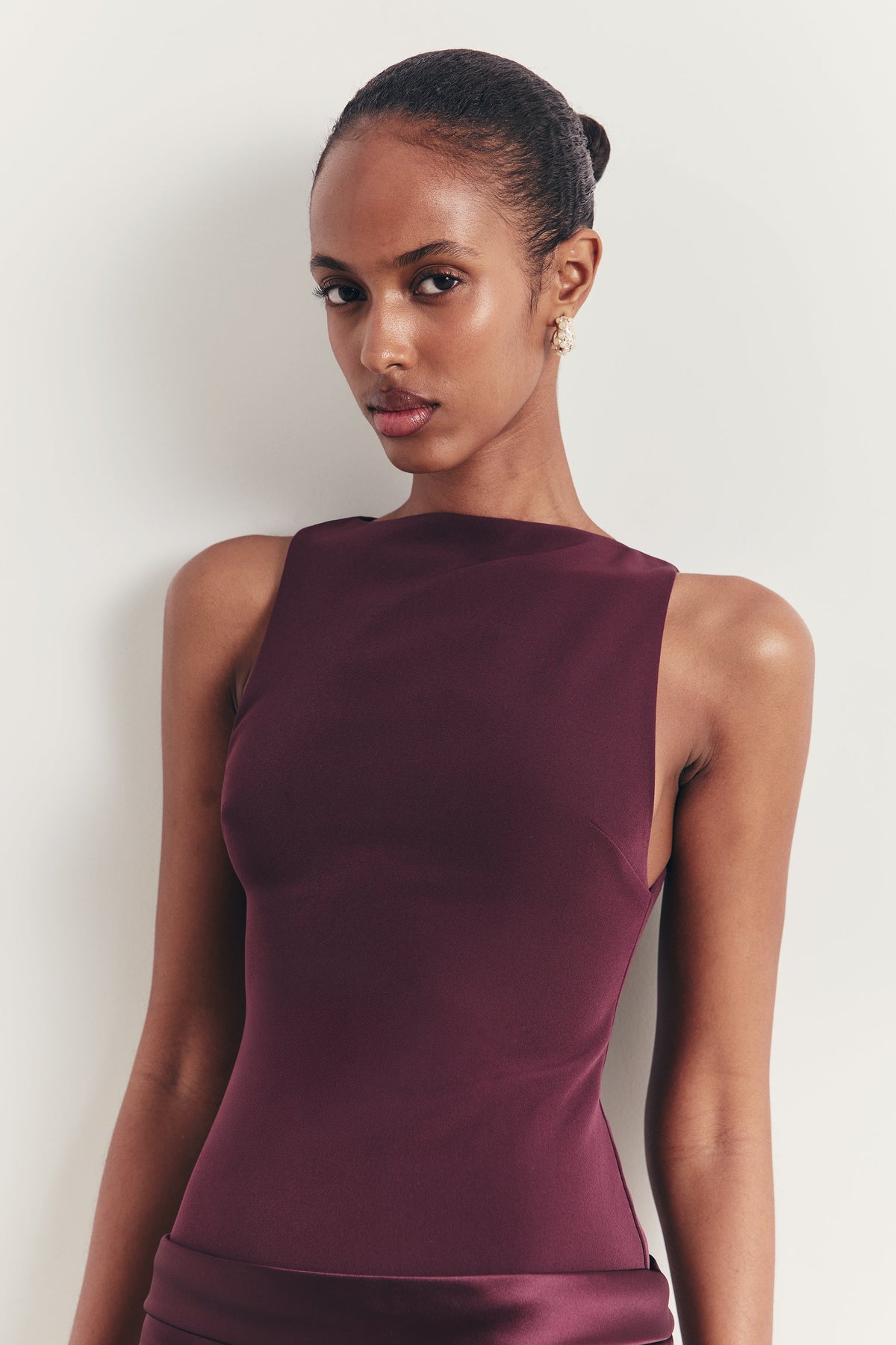 Dropped Waist Satin Panel Gown - Oxblood