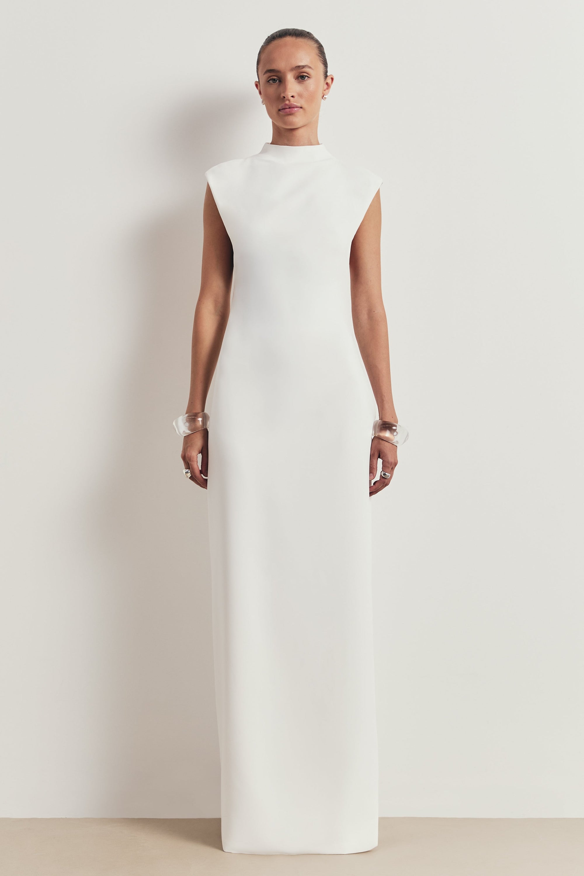 Sleek High Neck Cap Sleeve Maxi Dress - White