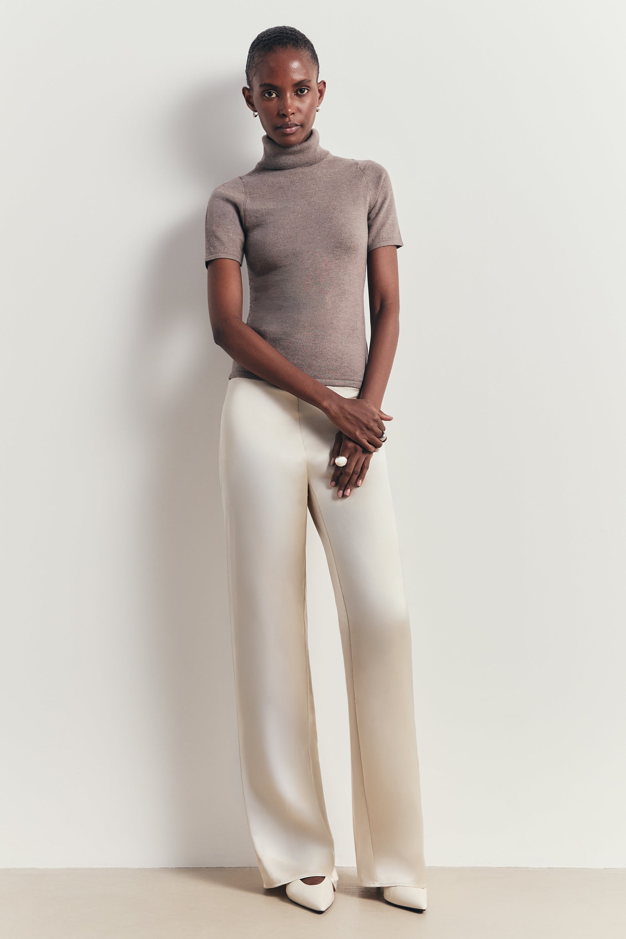 Wool Blend Cap Sleeve Polo Neck Top - Taupe