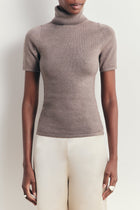 Wool Blend Cap Sleeve Polo Neck Top - Taupe