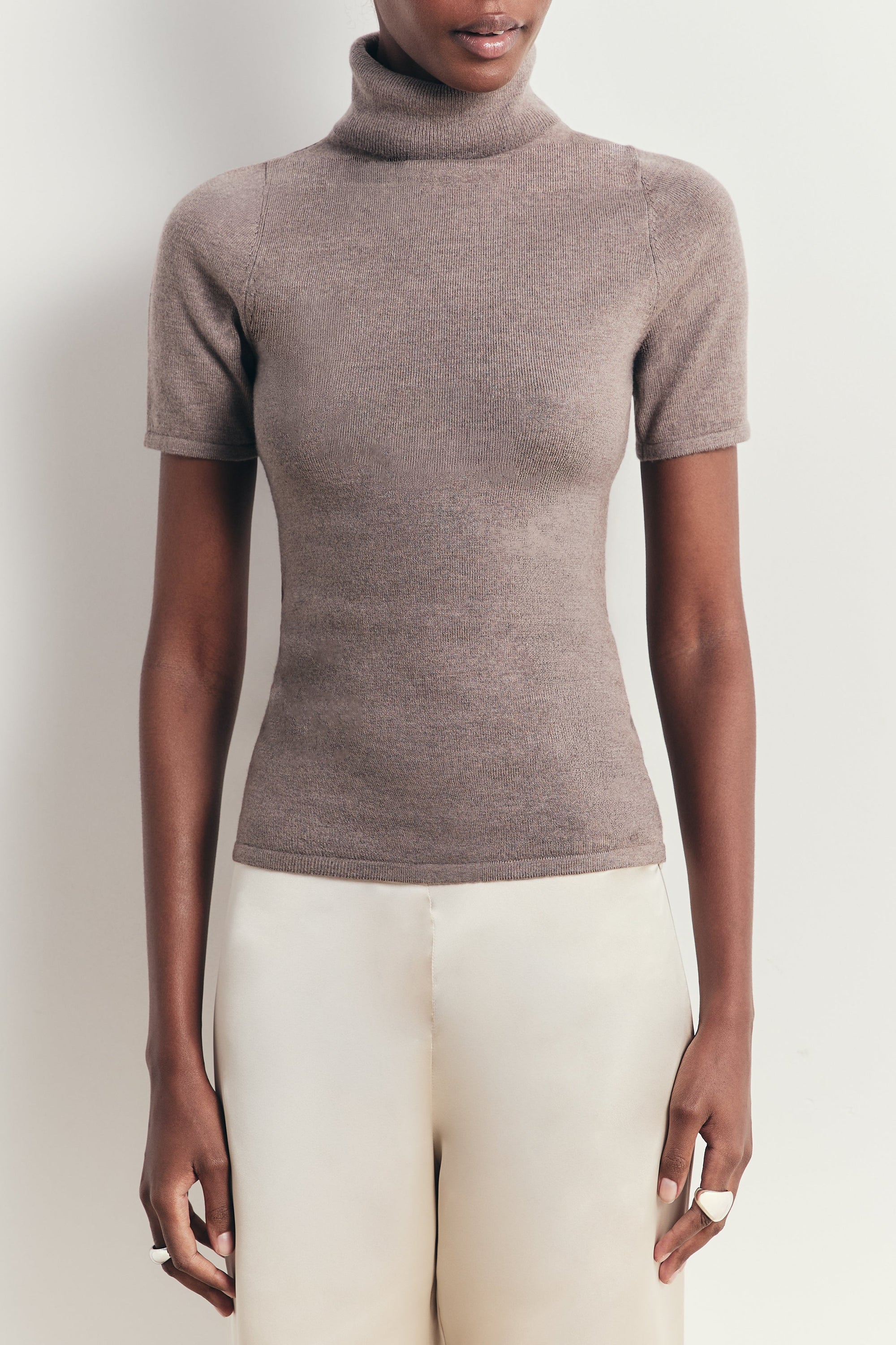 Wool Blend Cap Sleeve Polo Neck Top - Taupe