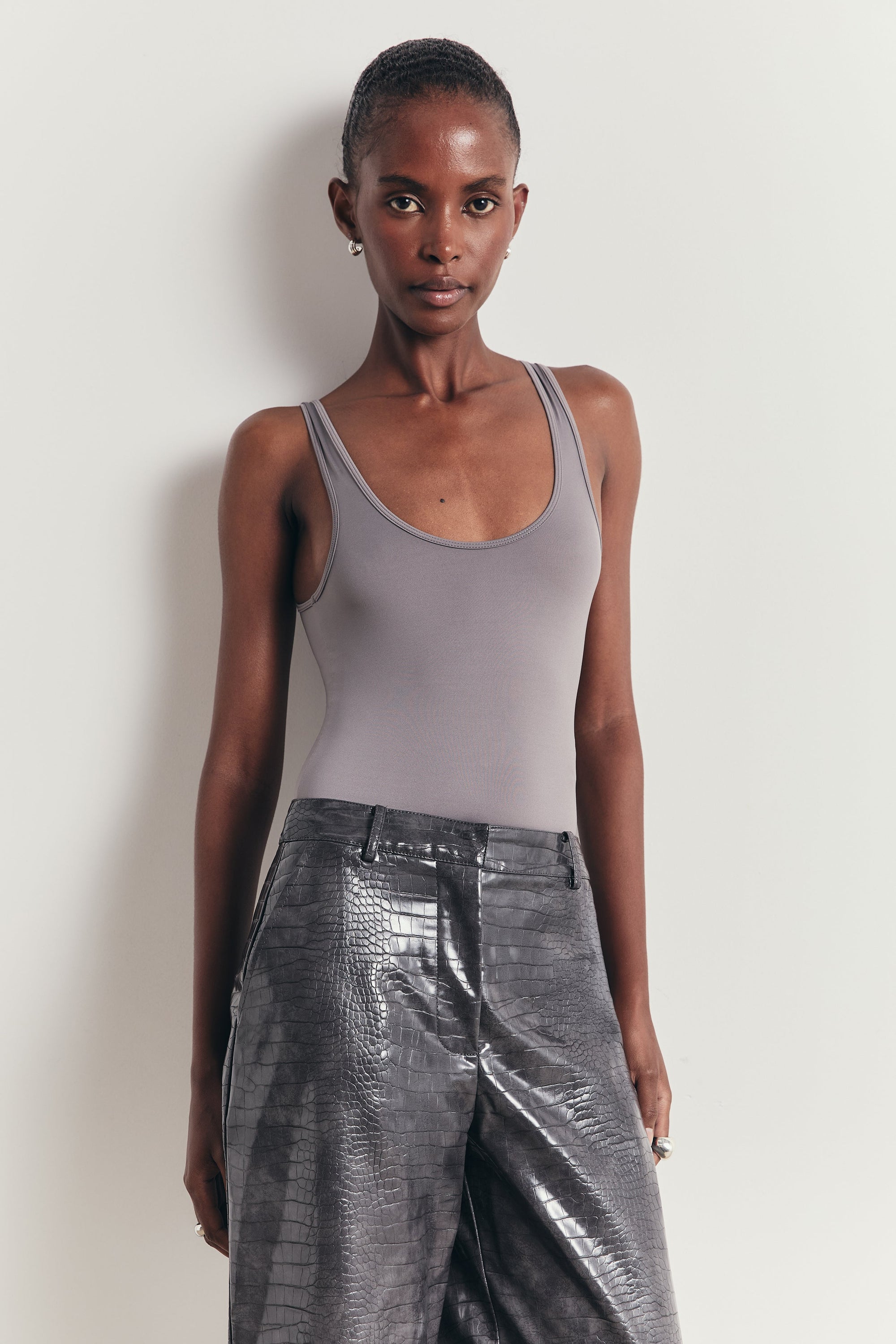Semi Sheer Scoop Neck Bodysuit - Slate