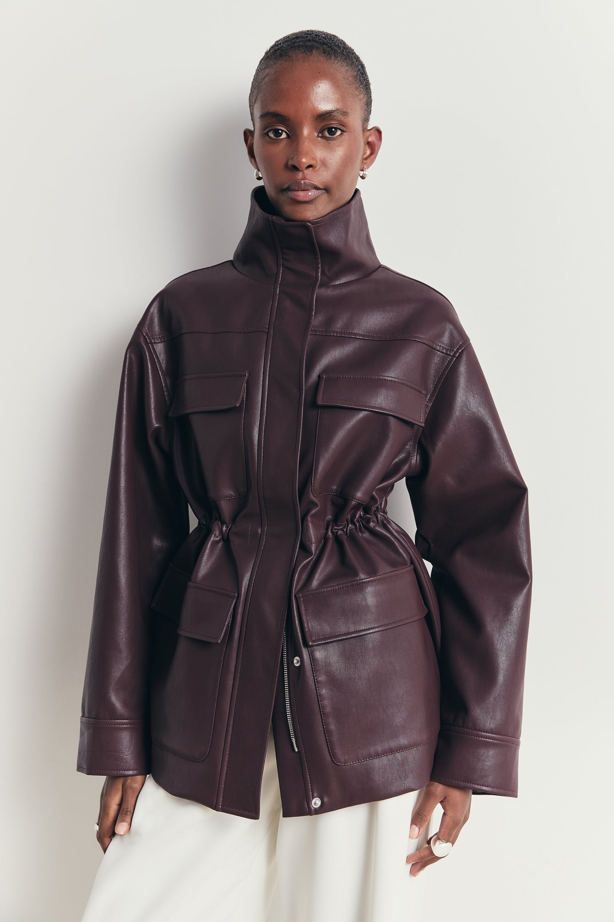 Leather Cargo Utility Jacket - Oxblood