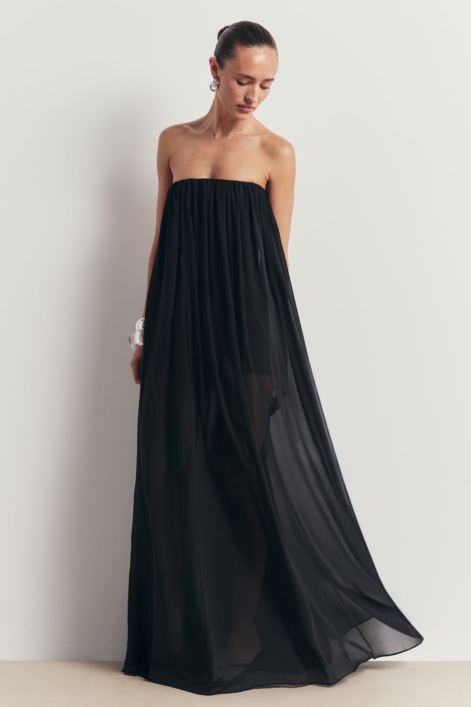 Strapless Chiffon Layered Corset Maxi Dress - Black